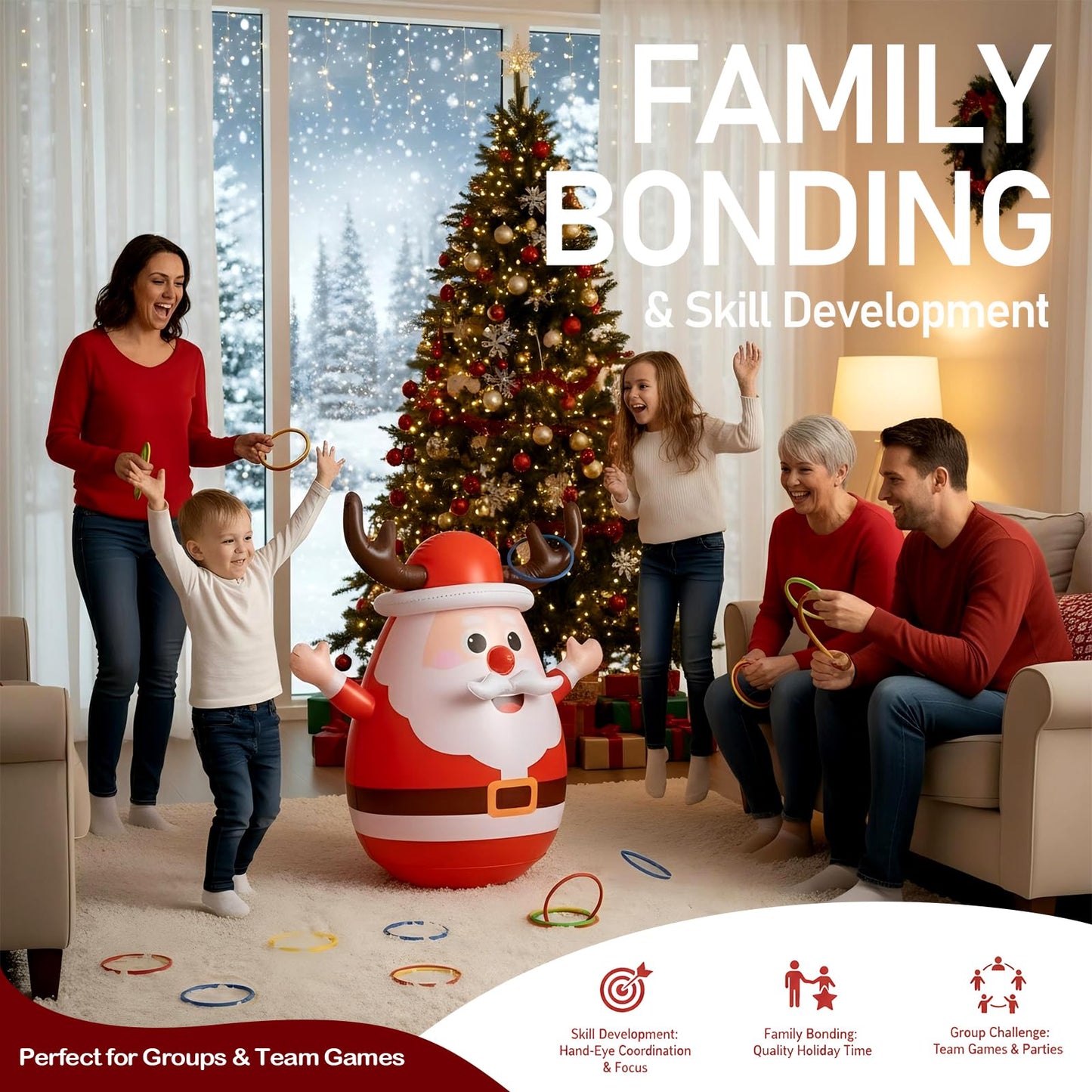 Inflatable Santa Reindeer Ring Toss Game with Wobbling Punching Bag, Christmas Party Game for Kids and Adults, Holiday Decoration