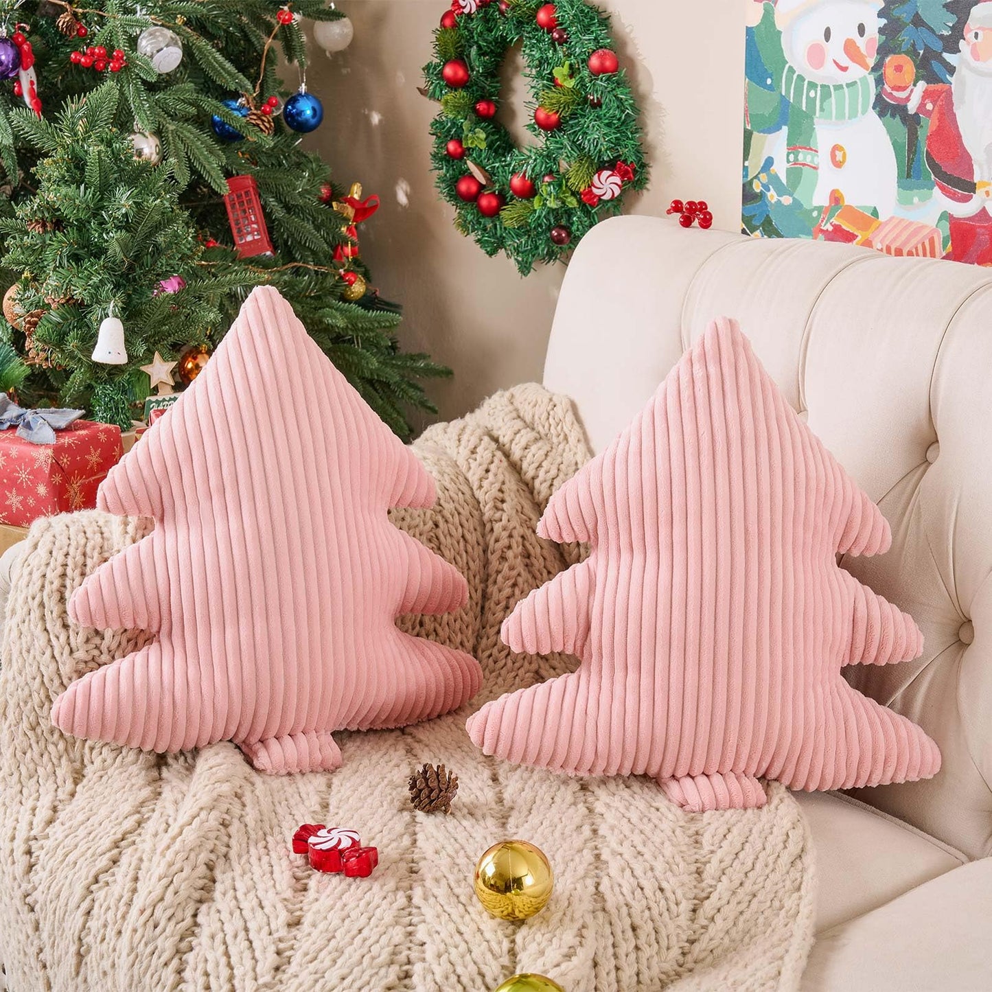 Lanpn Christmas Tree Pillows Set of 2, Christmas Decoration Narrow Stripes Winter Throw Pillow Soft Cute 3D Shaped Xmas Tree Throw Cushion for Sofa Bedroom Xmas Decor (18x16 inch, Pink)