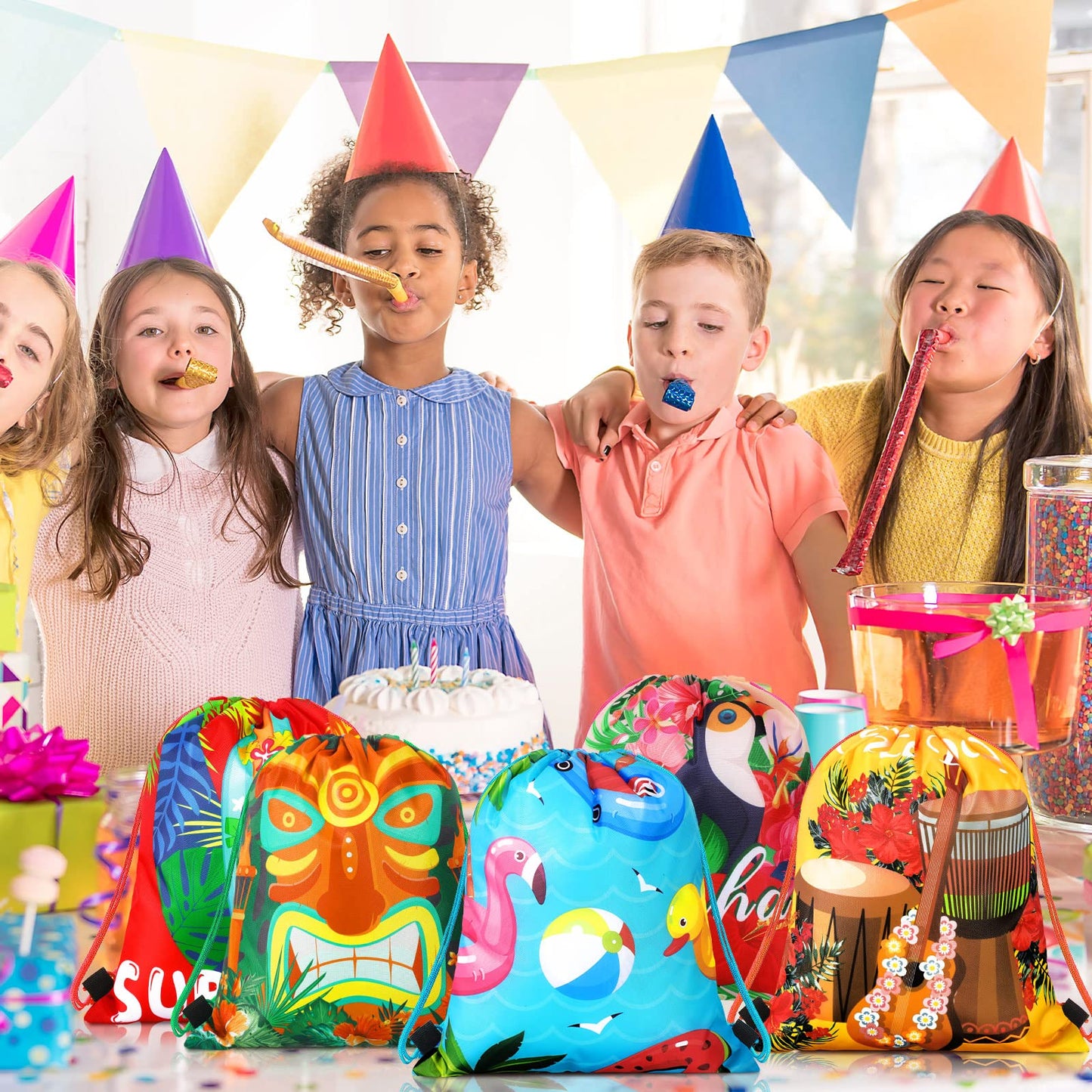 Marsui 24 Pcs Hawaiian Party Favor Drawstring Bags Gift Goodie Candy Favors Bags for Birthday Party Supplies