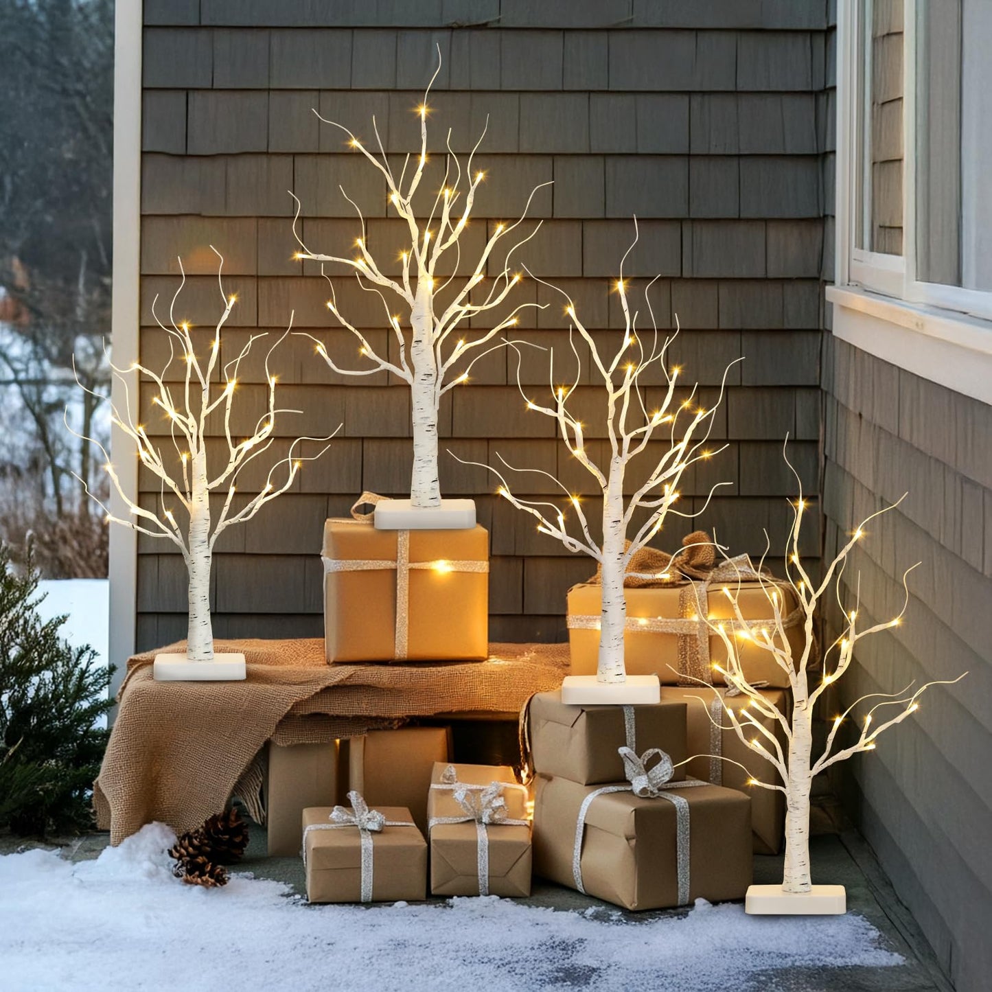 PABIPABI Lighted Birch Tree, Christmas Tree with 24 LED Lights, Tabletop Centerpiece Artificial Tree Lights with Timer for Home Office Bedroom Wedding - Set of 4