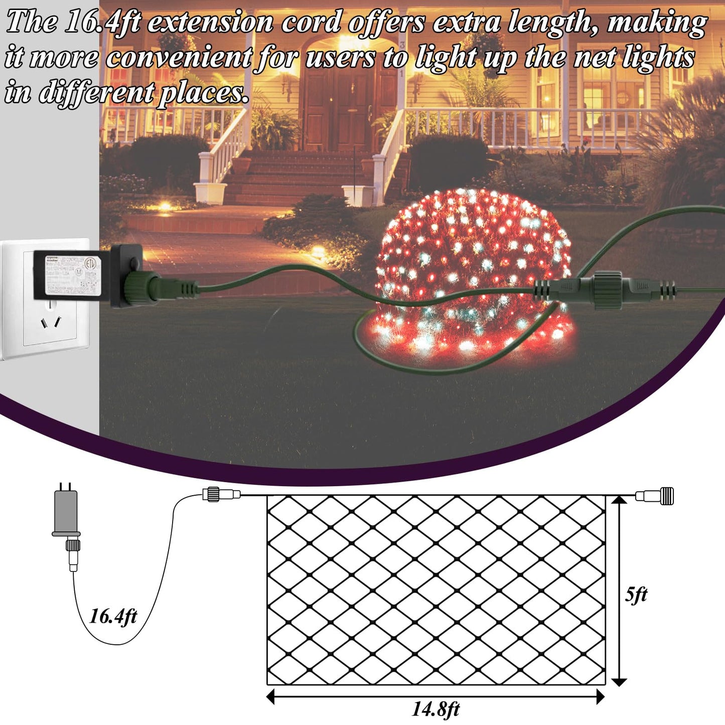 Lovelite Christmas Net Lights Red & White, 14.8ft x 5ft 300LED Mesh Lights Outdoor Green Wire 8 Modes Timer, Waterproof Connectable String Lights for Bushes Xmas Tree Garden Holiday Party Decor