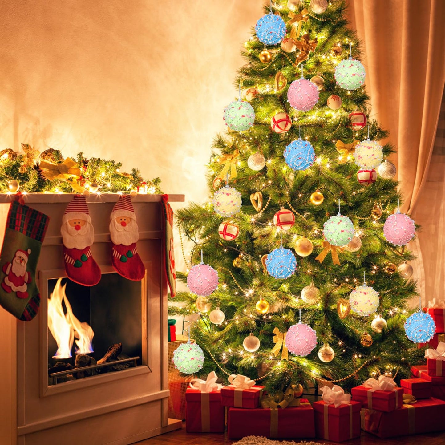Pastel Christmas Tree Ornaments Decorations, 12 Pcs 3.1 Inch Macaron Shatterproof Foam Christmas Ball Ornaments Set, Christmas Tree Hanging Pendants Xmas Tree Decoration