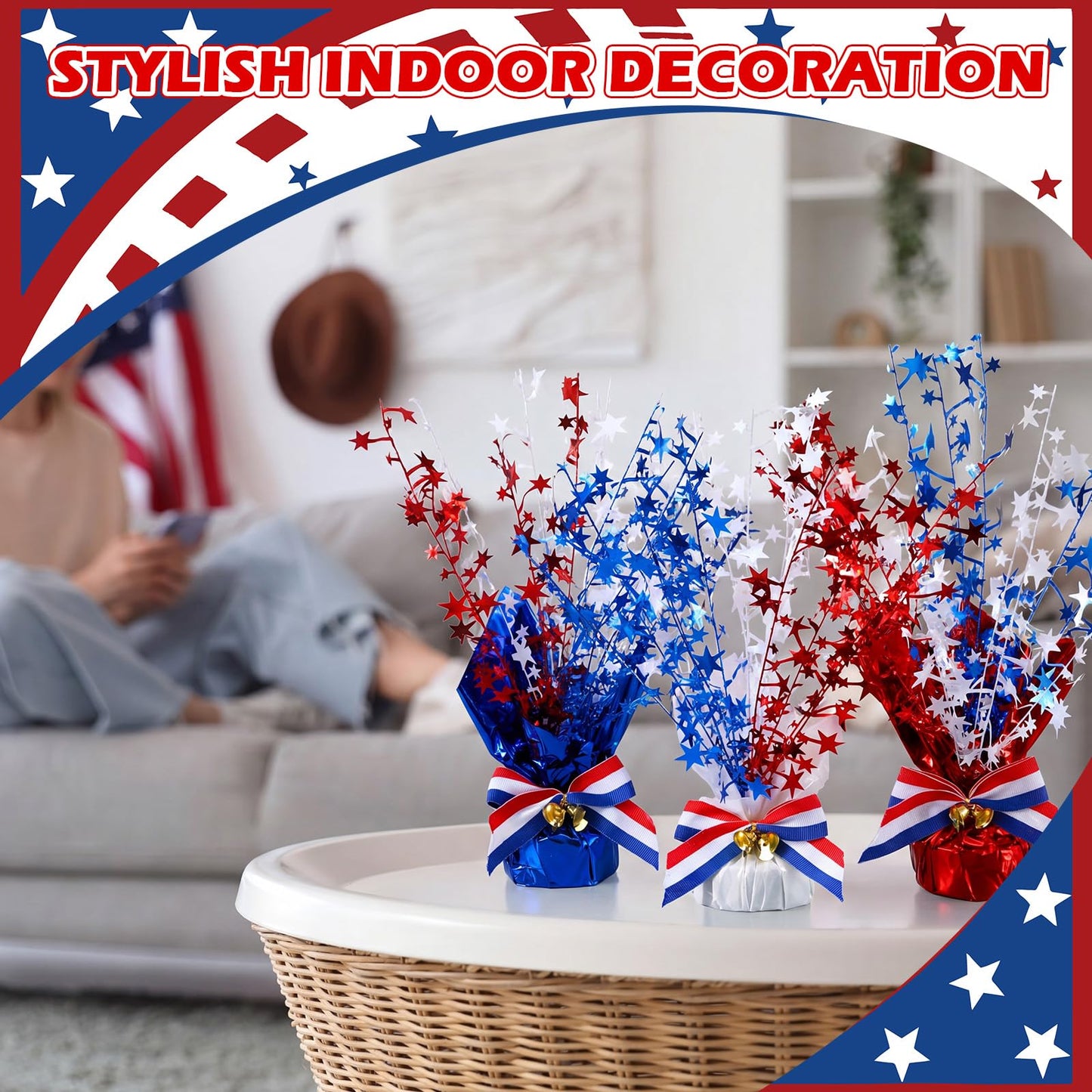 Suncalla 6 Pack 4th of July Table Centerpiece Decoration Red White Blue Patriotic Decorations Metallic Stars Centerpieces for 250th Anniversary Independence Day American Decor