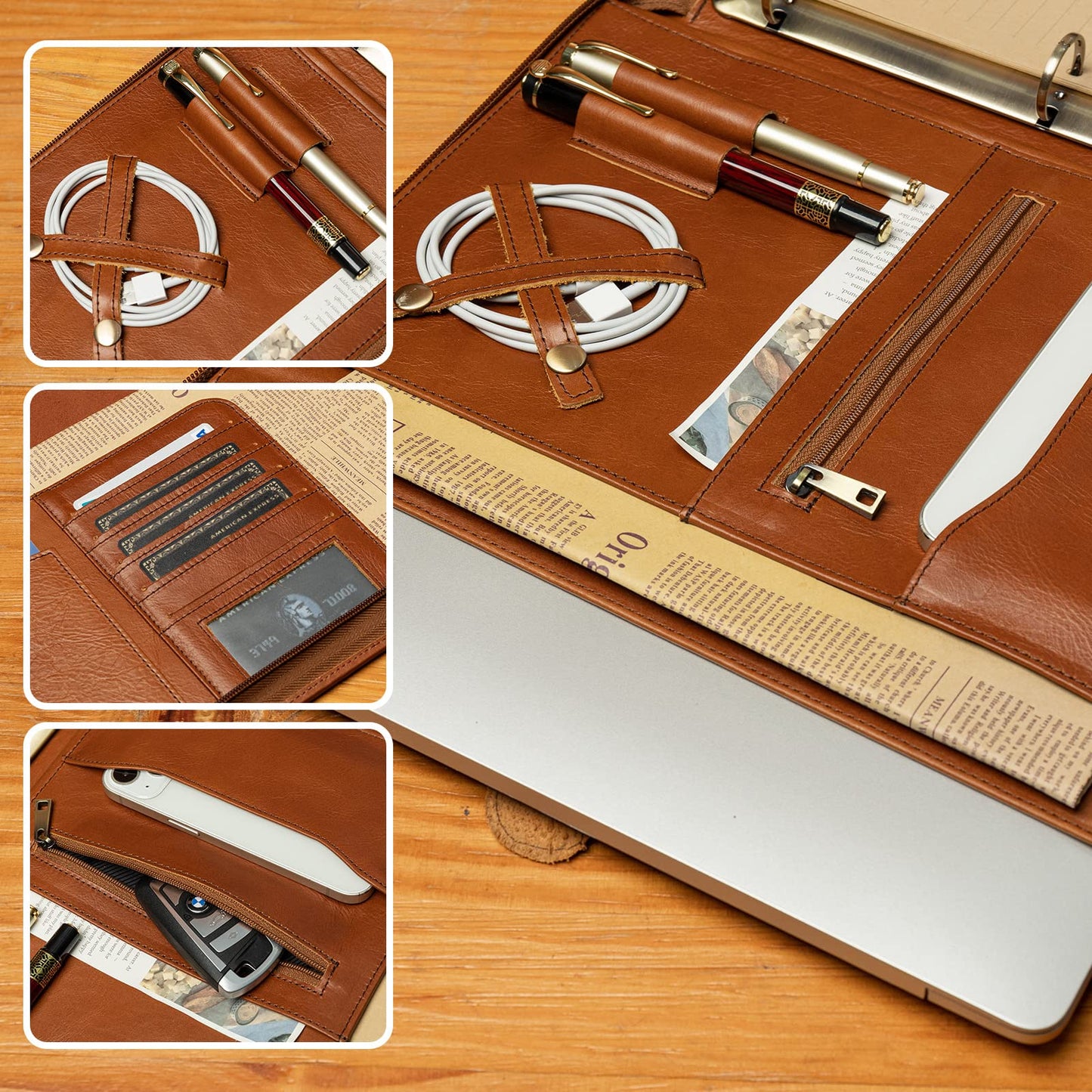 YIWEN Handmade Leather Portfolio with Handle, 3 Ring Binder, Zippered Padfolio for 13" Tablet, 8.5 x 11 Notepad, Professional Business Document Organizer (Brown, Oil Wax Leather)