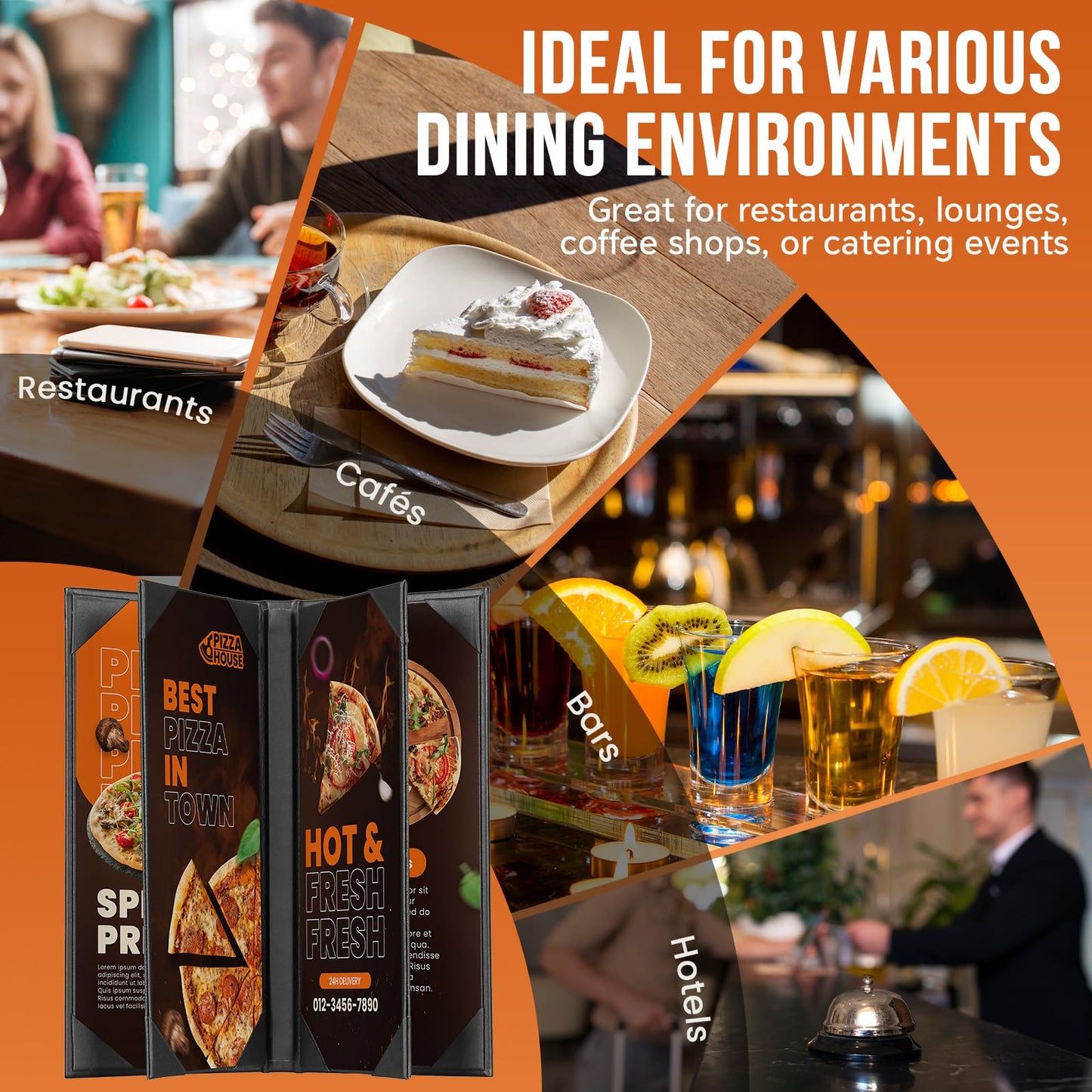 MYFULLY Restaurant Menu Holders 4.25" x 11", 6 Pack Black PU Leather Single Panel Menu Covers with Angled Corners for Restaurant, Bar, Coffee Shop, Wine List (6 View)