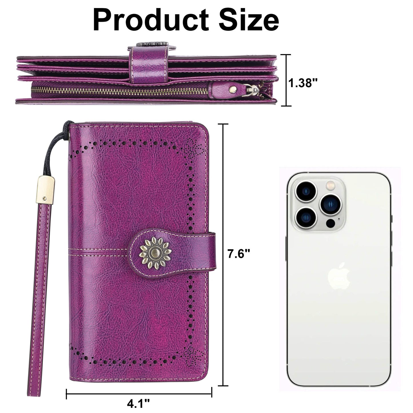 Lavemi Womens Large Capacity Genuine Leather RFID Blocking Wallets Wristlet Clutch Card Holder(Dark Purple)