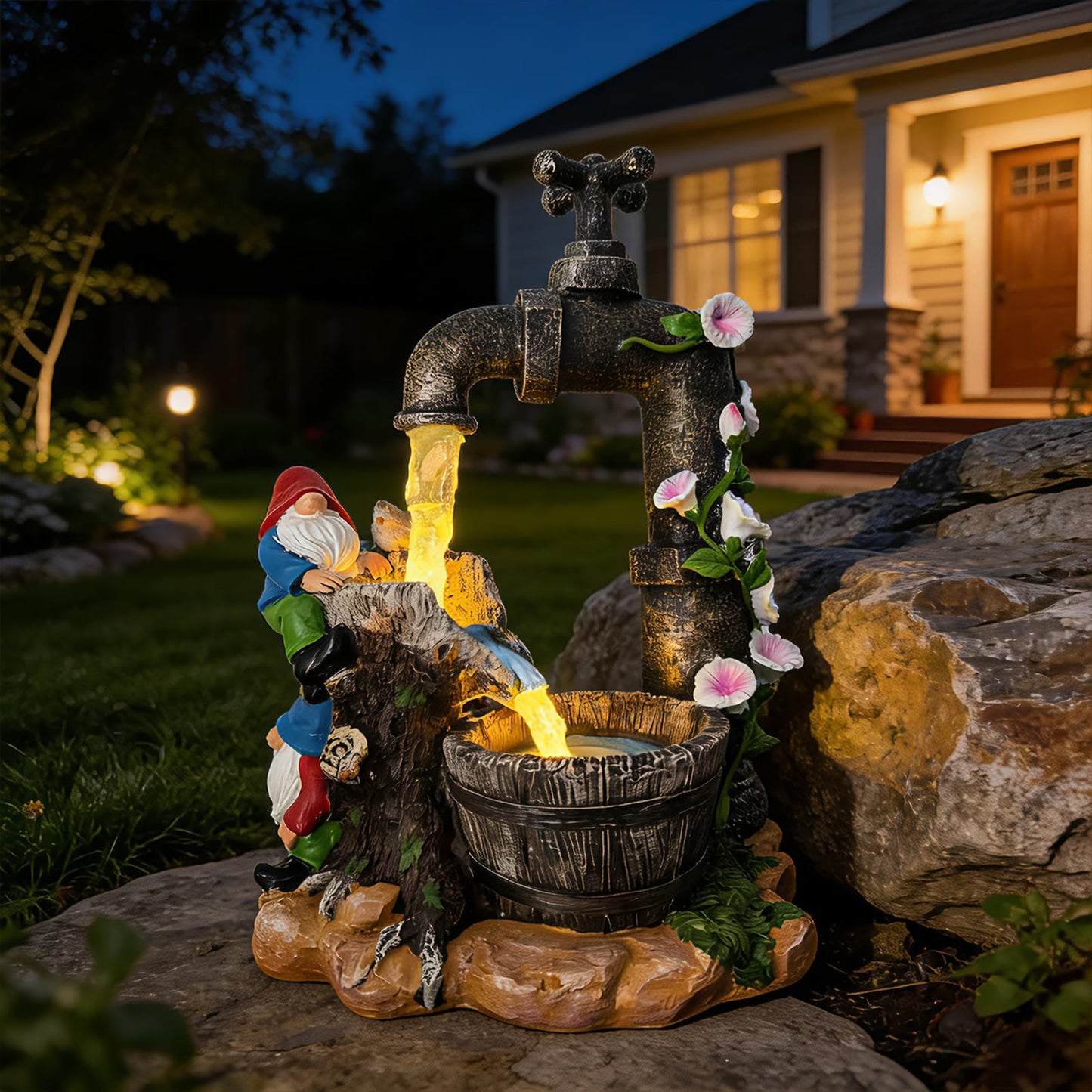 QCF Solar Garden Gnomes Statues Outdoor Yard Decorations, 10" Resin Fountain Gnome Outside Christmas Art Decor for Lawn Patio Porch Backyard,Unique Housewarming Gifts for Women Mom Grandma