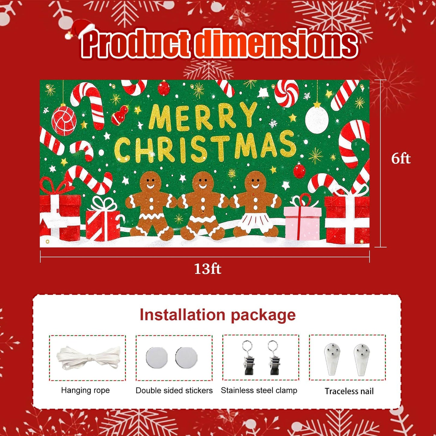 HOMETITUTE Merry Christmas Gingerbread Man Garage Door Banner 13x6ft Green Background Candy Gift Boxes Snowflakes Baubles Holiday Yard Display Photo Backdrop Outdoor Seasonal Decoration