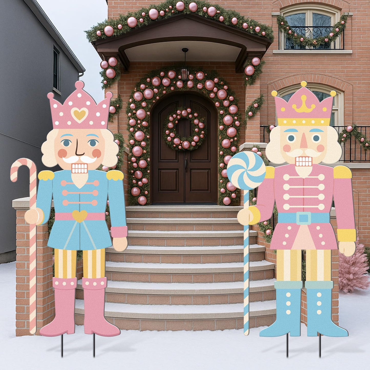 Pinkunn 2 Pcs Pastel Christmas Nutcracker Yard Stake Candy Cane Metal 3D Outdoor Christmas Decorations Xmas Nutcracker Yard Signs for Xmas Outdoor Garden Lawn Party Decor