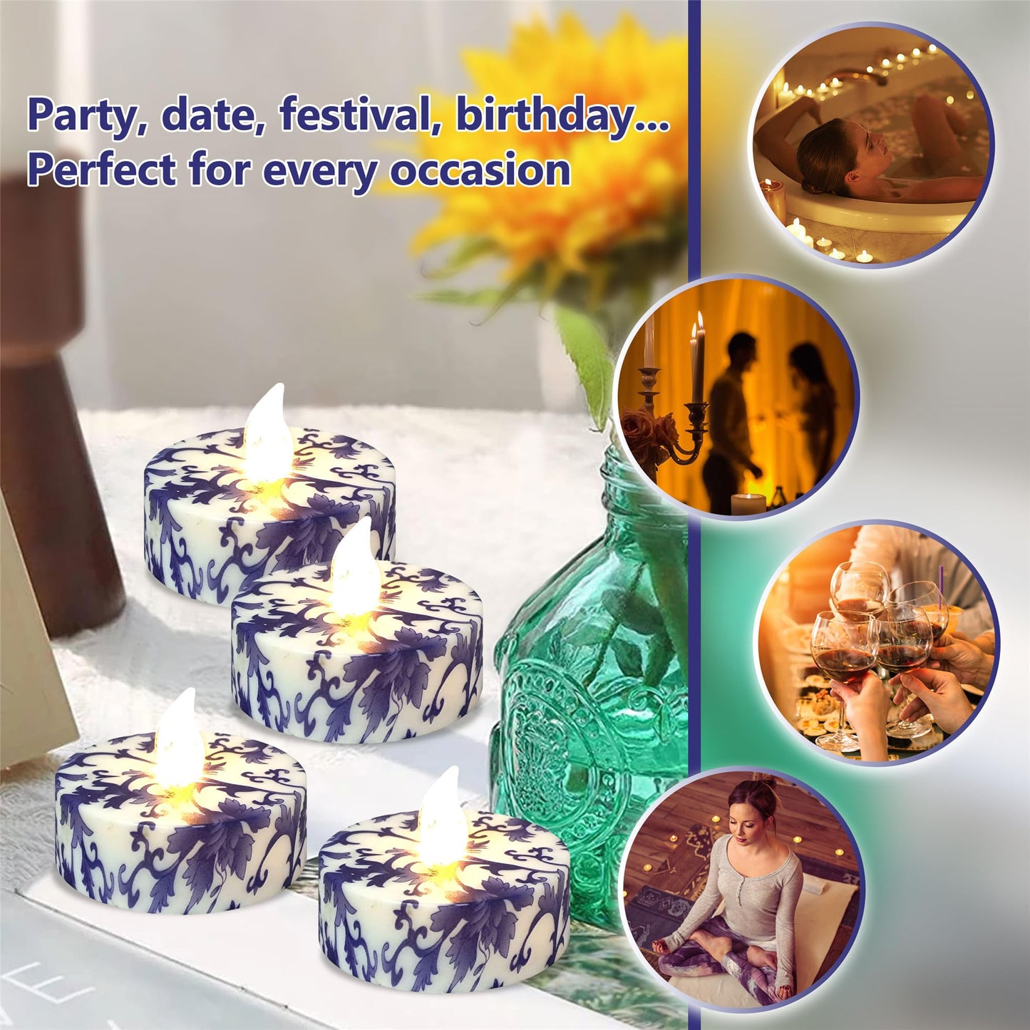 Gedengni Floral Flameless Tealights with Remote - 12 Pack Blue and White LED Tealight Candles Battery Operated Tea Lights Safe Realistic Flickering for Home Decor Wedding Party,TLT12P-BW