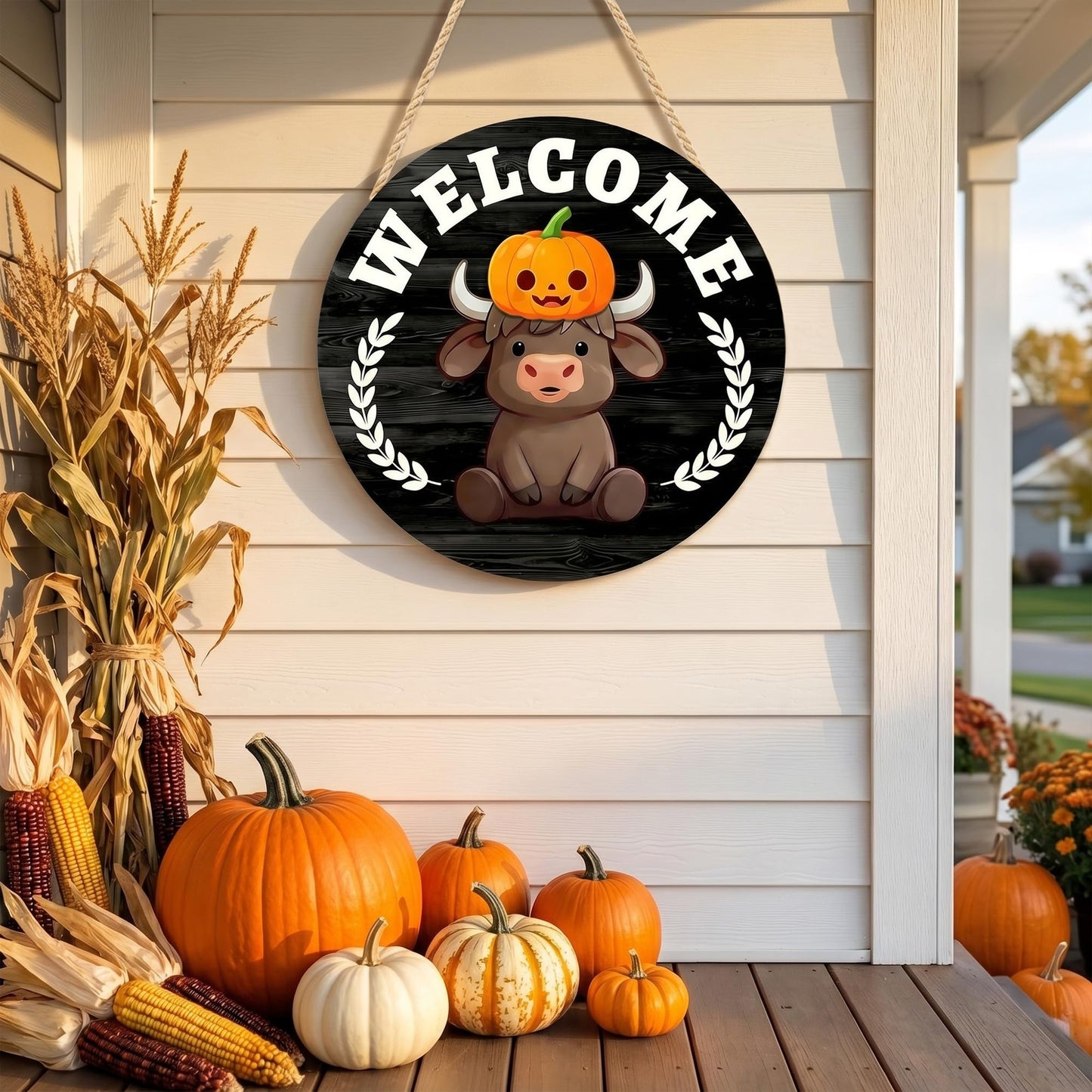 Yiranok Holiday Interchangeable Highland Cow Welcome Sign,Highland Cow Seasonal Wooden Hanging Door Decoration Front Door Decoration Gift Hanging Door Sign