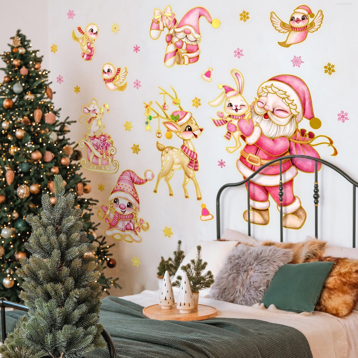 Wrdpyrmnis Pink Santa Claus Wall Stickers with Reindeer Christmas Gnome Window Sticker Decor Peel and Stick Wall Decals Window Clings for Room Classroom Christmas Decorations (1 Sheet)