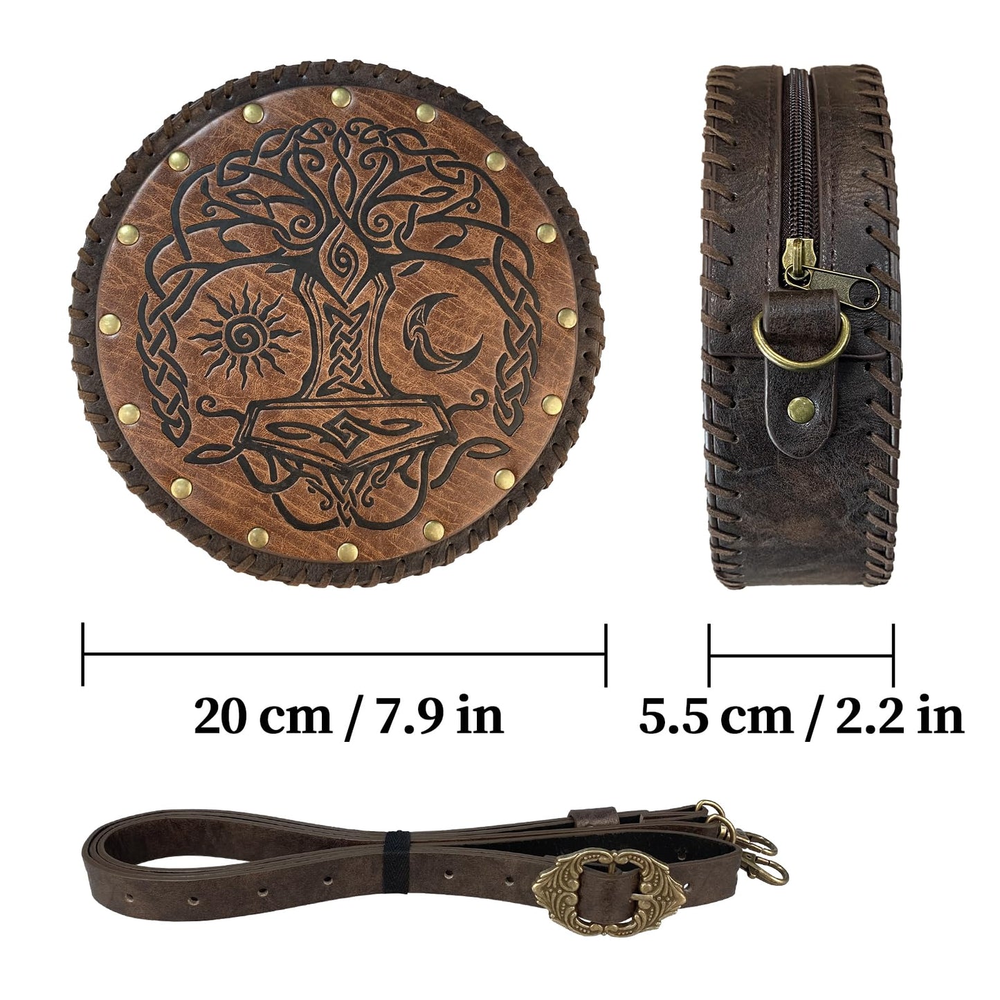 HiiFeuer Viking Embossed Crossbody Bag, Nordic Faux Leather Belt Bag Satchel Bag, Medieval Portable Cosplay Shoulder Bag (Brown B)
