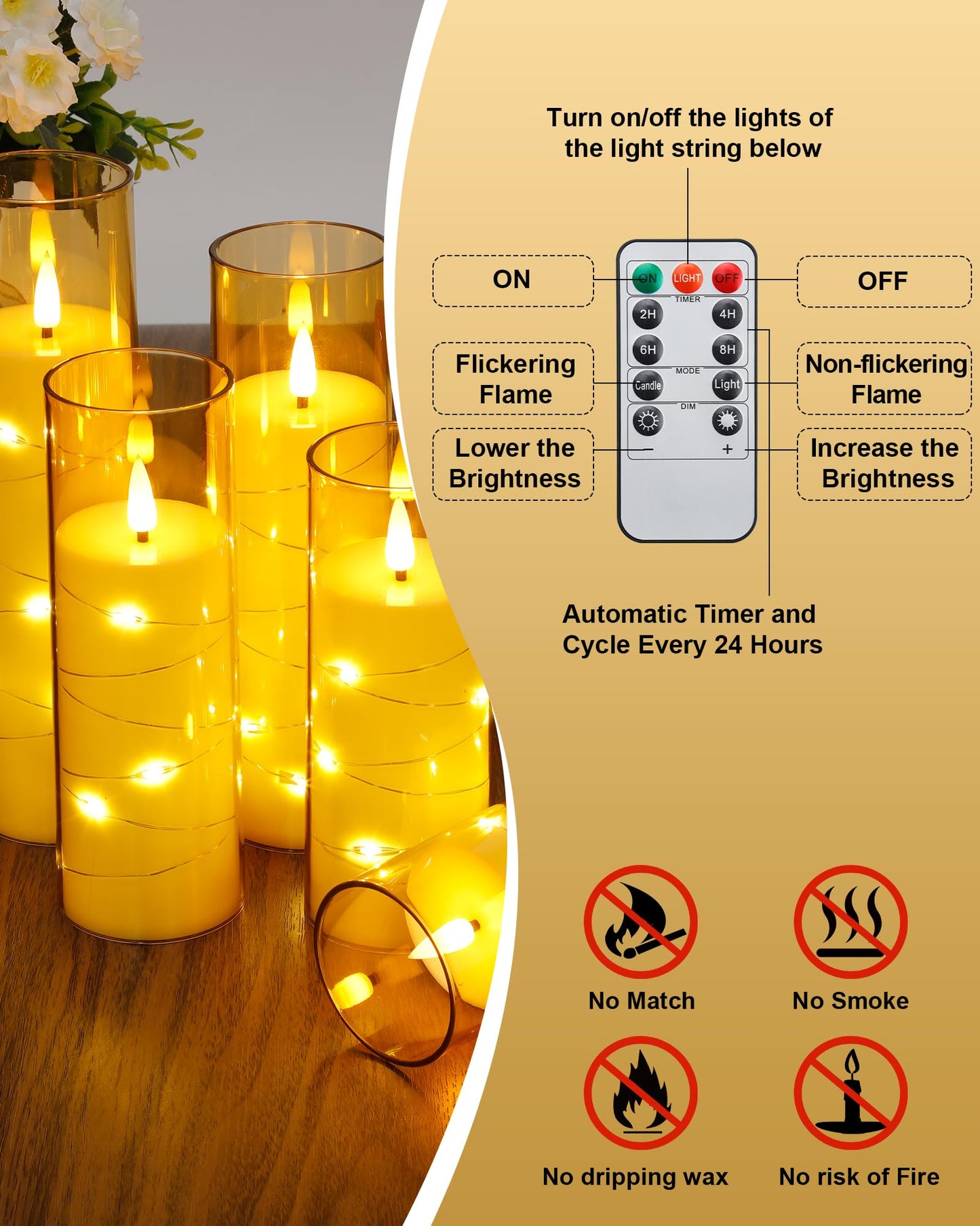 Enido 10 Pc Flameless LED Candles with Remote & Timer, Battery Operated Acrylic Pillar Set, Flickering Electric Lights with Embedded Star String for Cozy Home & Holiday Romantic Decor (Matte Gold)