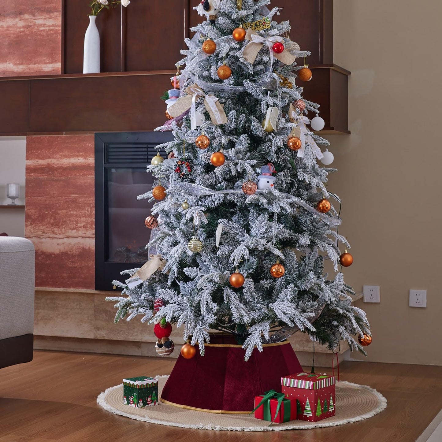 ONGLYP Christmas Tree Collar,25.5'' Velvet Christmas Tree Skirt Foldable Xmas Tree Stand Base Cover,Easy Set Up Tree Collar for Artificial Trees Holiday Home Decoration (Dark Red)