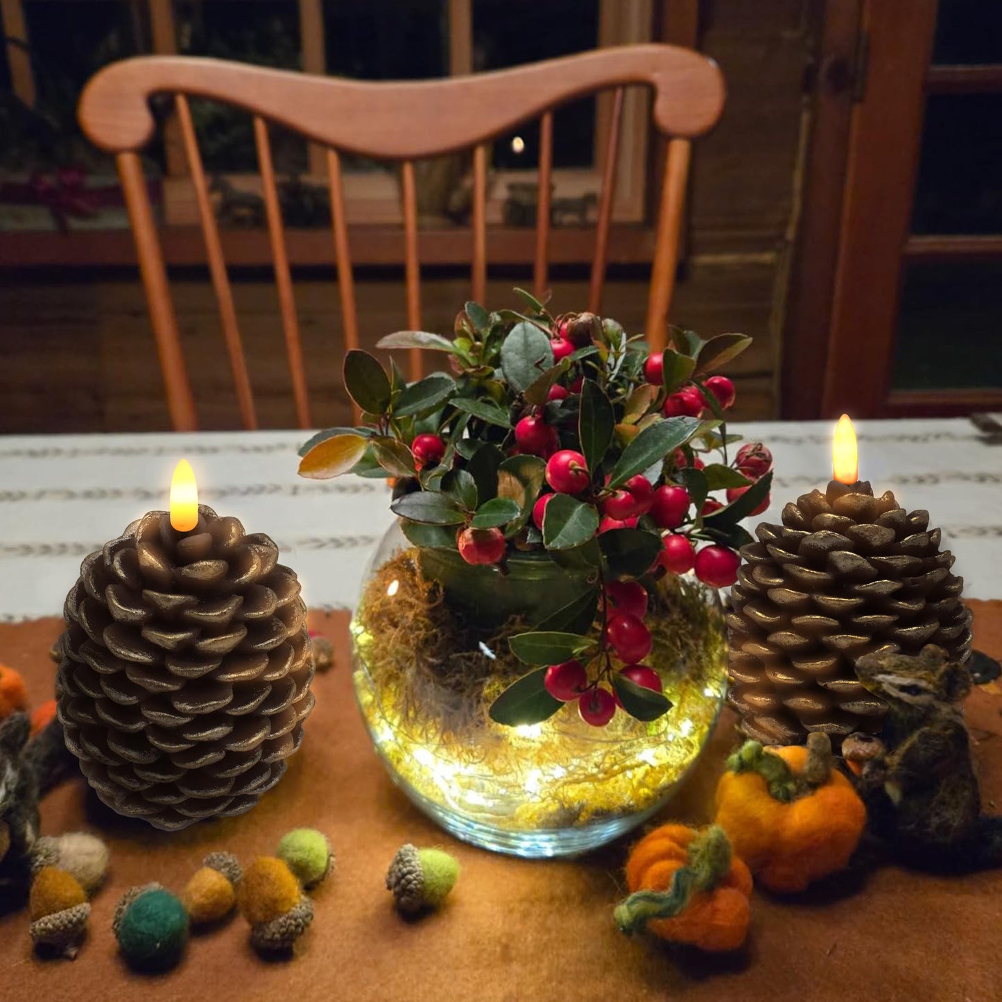 CVHOMEDECO. Pine Cone Candles Battery Operated Pinecones with Remote and Timer, Pine Cones Candle LED Flameless Flickering Candles for Fall, Christmas Decor. Golden-Brown, H 4.8 Inch, Pack of 2