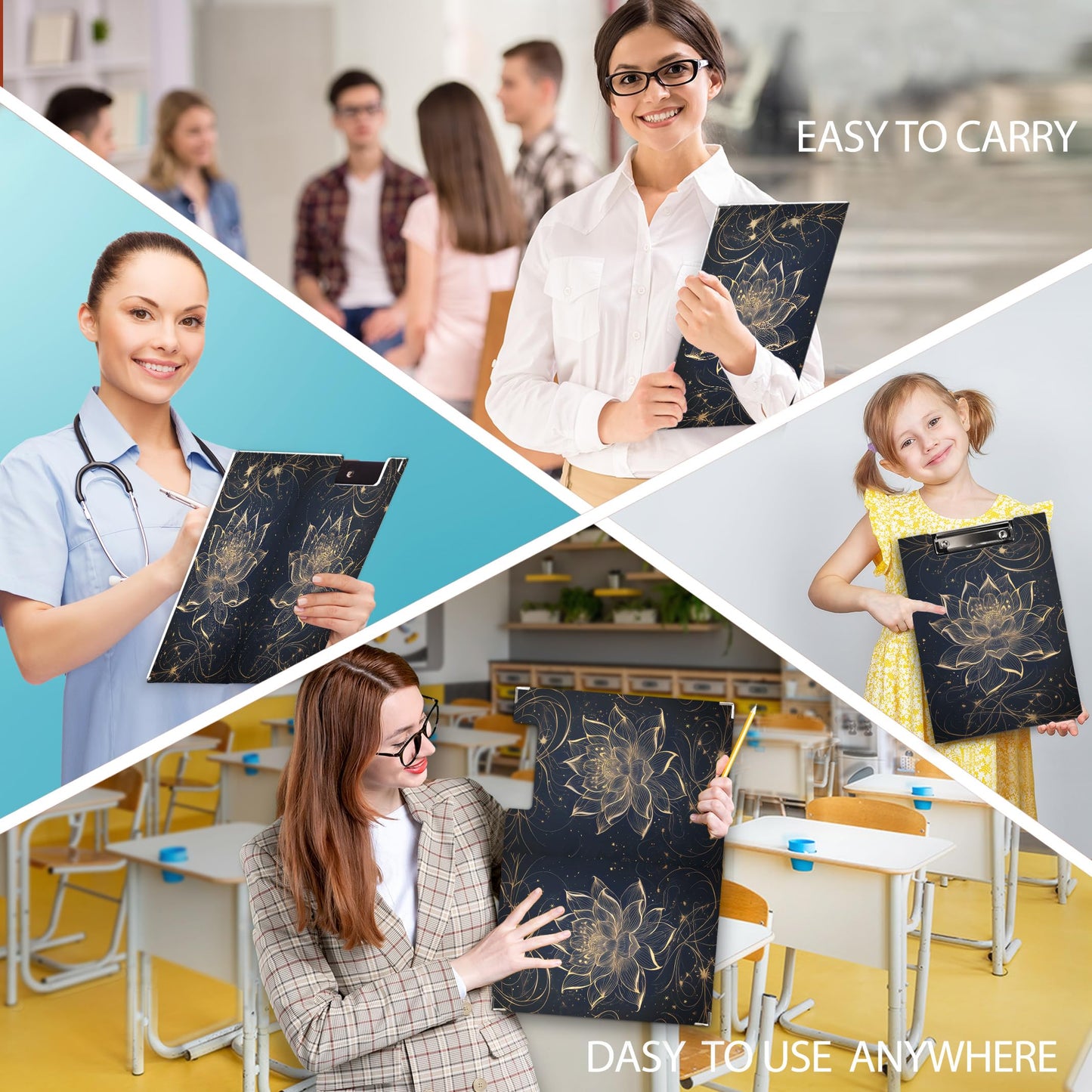 KU-DaYi Lotus Floral Clipboard Padfolio with Storage Pocket, Meditation Spiritual Lotus Flower Low Profile Clip Boards for Nurse Office Classroom, 12.4 x 9.25 in