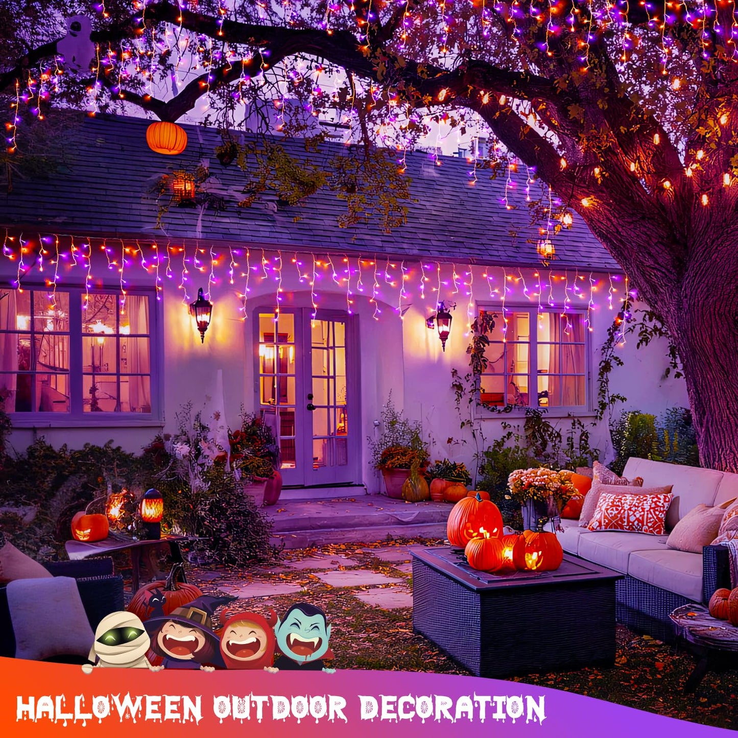JMEXSUSS 400 LED Orange and Purple Christmas Lights Outdoor, 38.8 FT Orange and Purple Icicle Light Outdoor Waterproof, 8 Modes Halloween Lights Plug in for House Christmas Party Decorations
