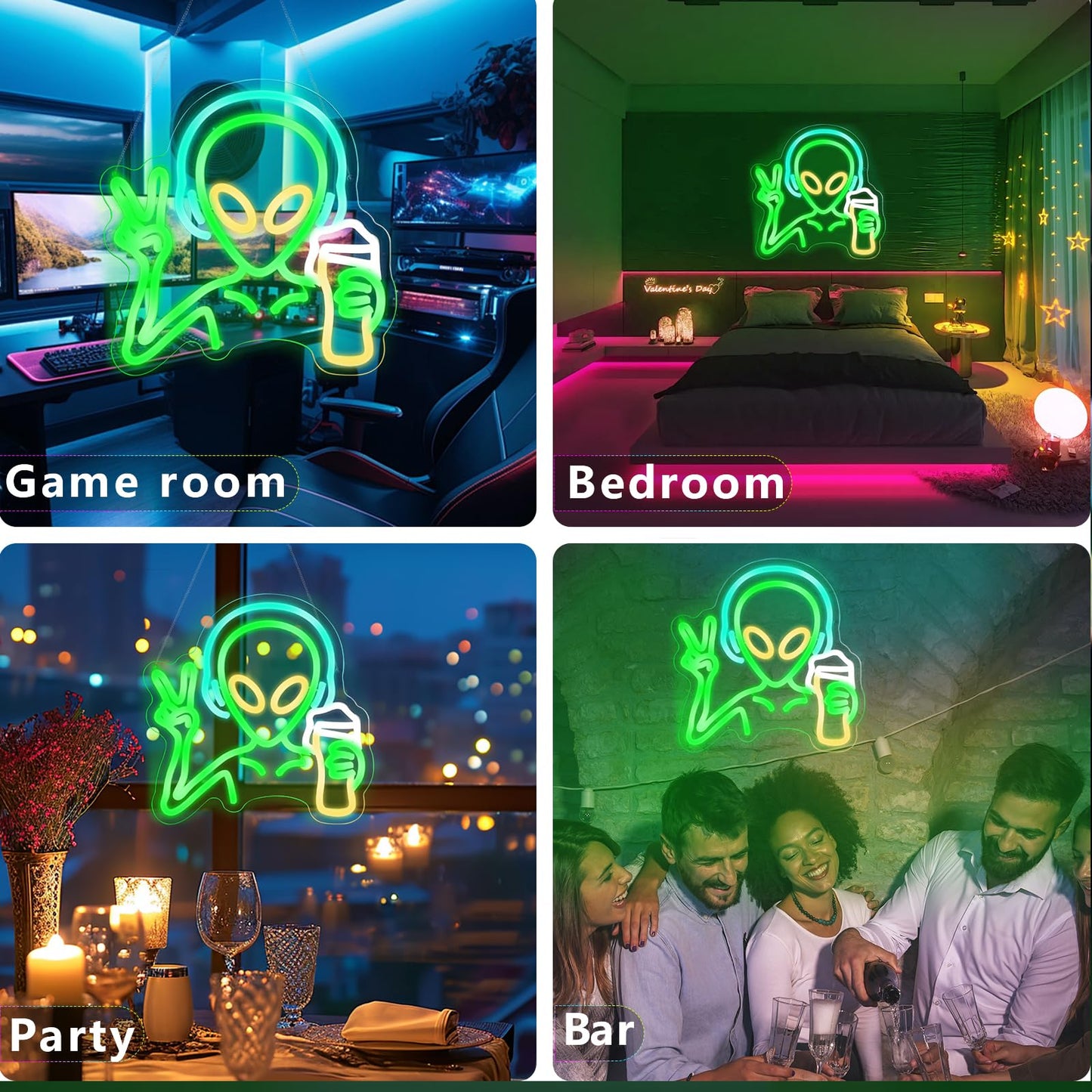 KHK Green Alien Neon Sign - USB Battery Powered LED Wall Sign for Game Room, Home Bar, Party, Bedroom & Man Cave Decor for Teens and Kids Lights Led Gaming for Boy & Girl Room Decor -Best Gamer Gifts for Boys Kids (11.8*11.8in)