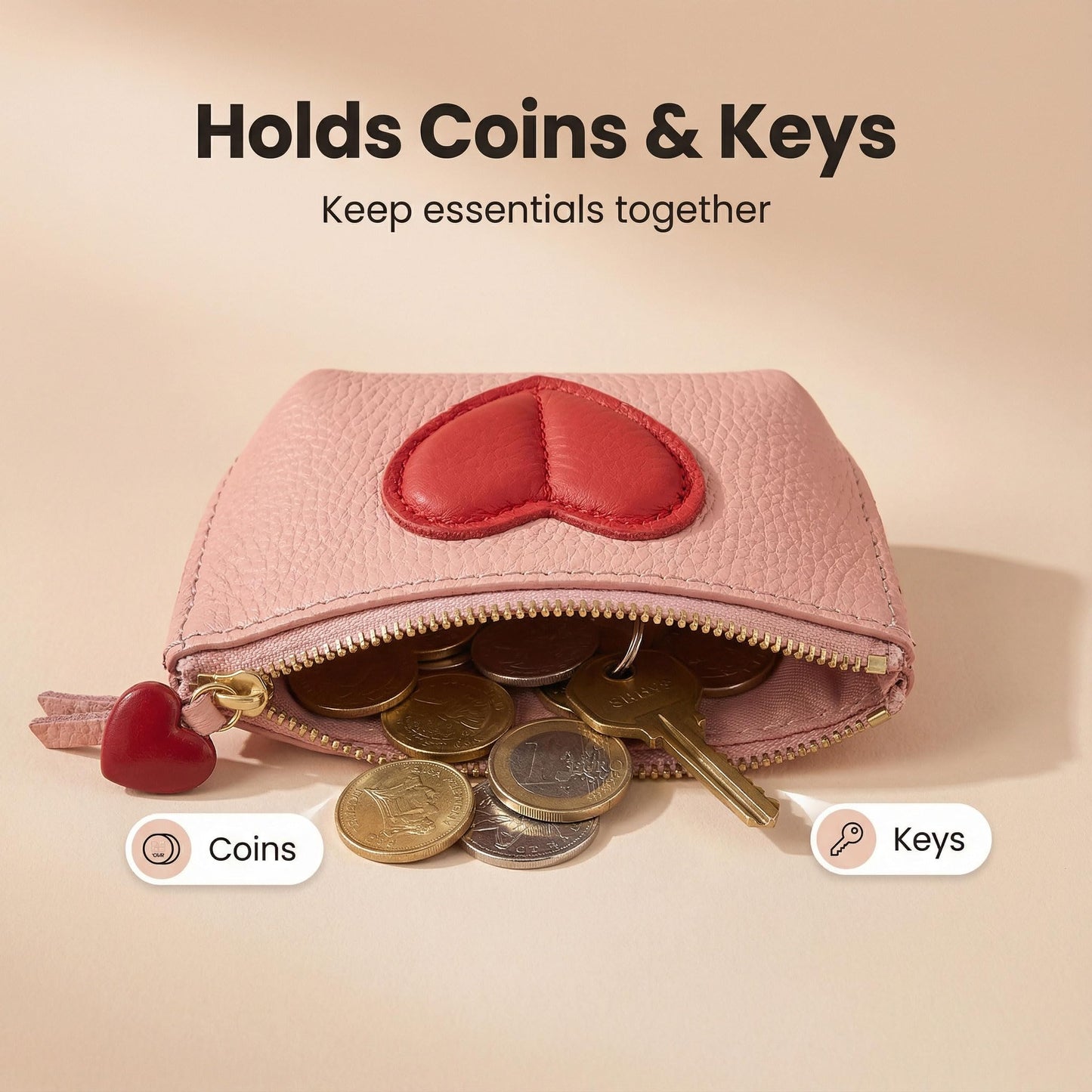 Red Heart Design Small Coin Purse - Cute Compact Keychain Change Purse Soft Leather Wallet with Zipper for Women (Pink)