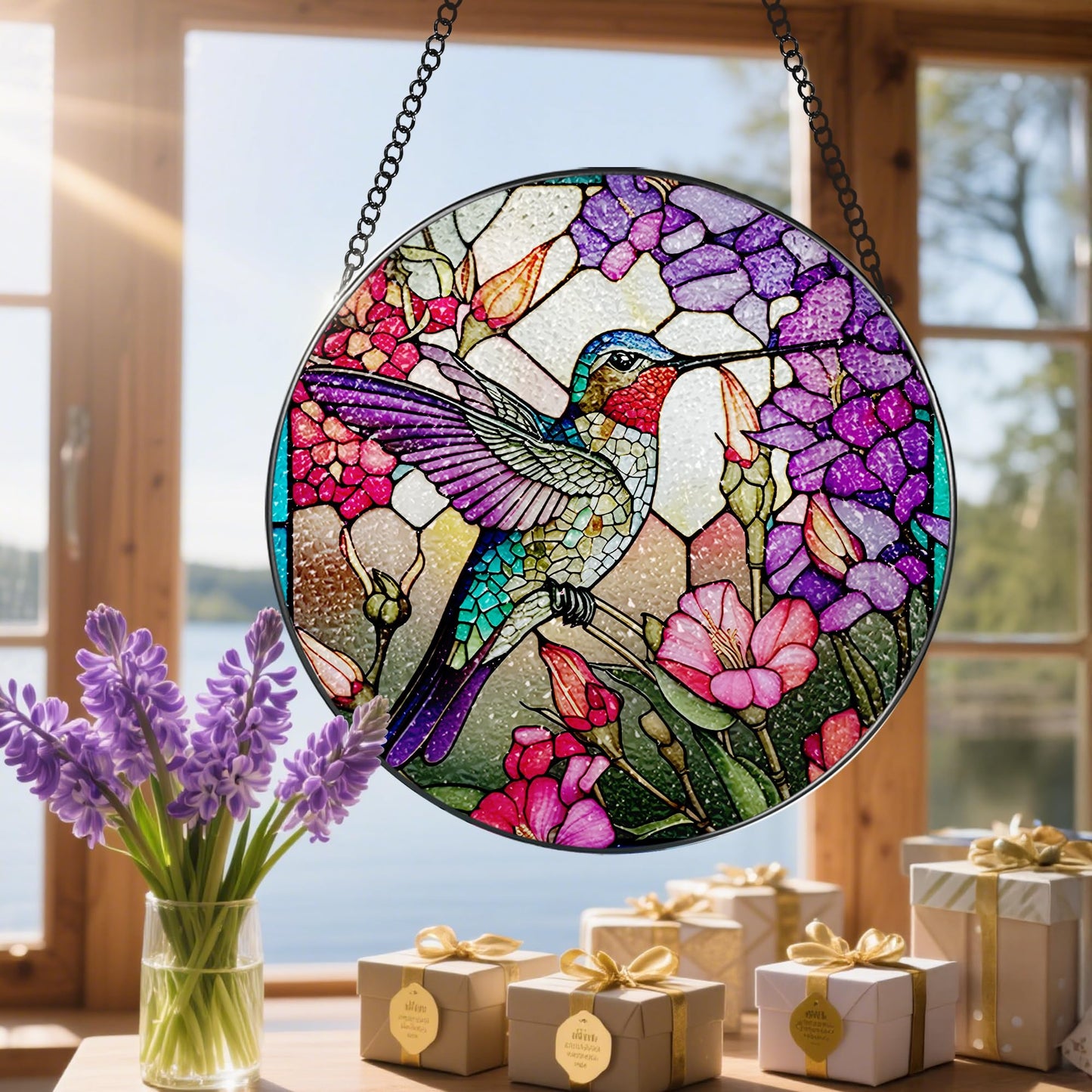 8 Inch Stained Glass Suncatcher Ornament, DOUHASU Hummingbird Sun Catchers Indoor Window, Stained Glass Window Hanging, Home Decor, Hummingbird Lovers Gifts for Women, Mom, Friend