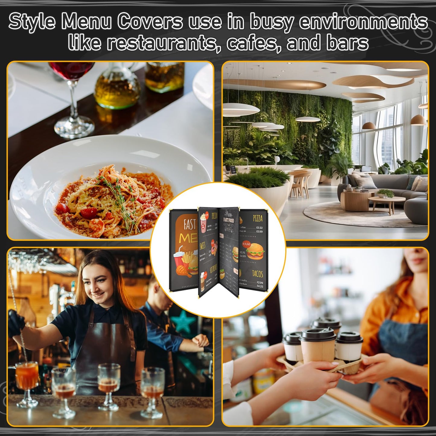 Cinnvoice 24 Pcs Restaurant Menu Covers 8.5 x 11 Inch Book Style 4 Page 8 View PVC Transparent Restaurant Menu Holder Book for Cafe Bar Hotel, Black