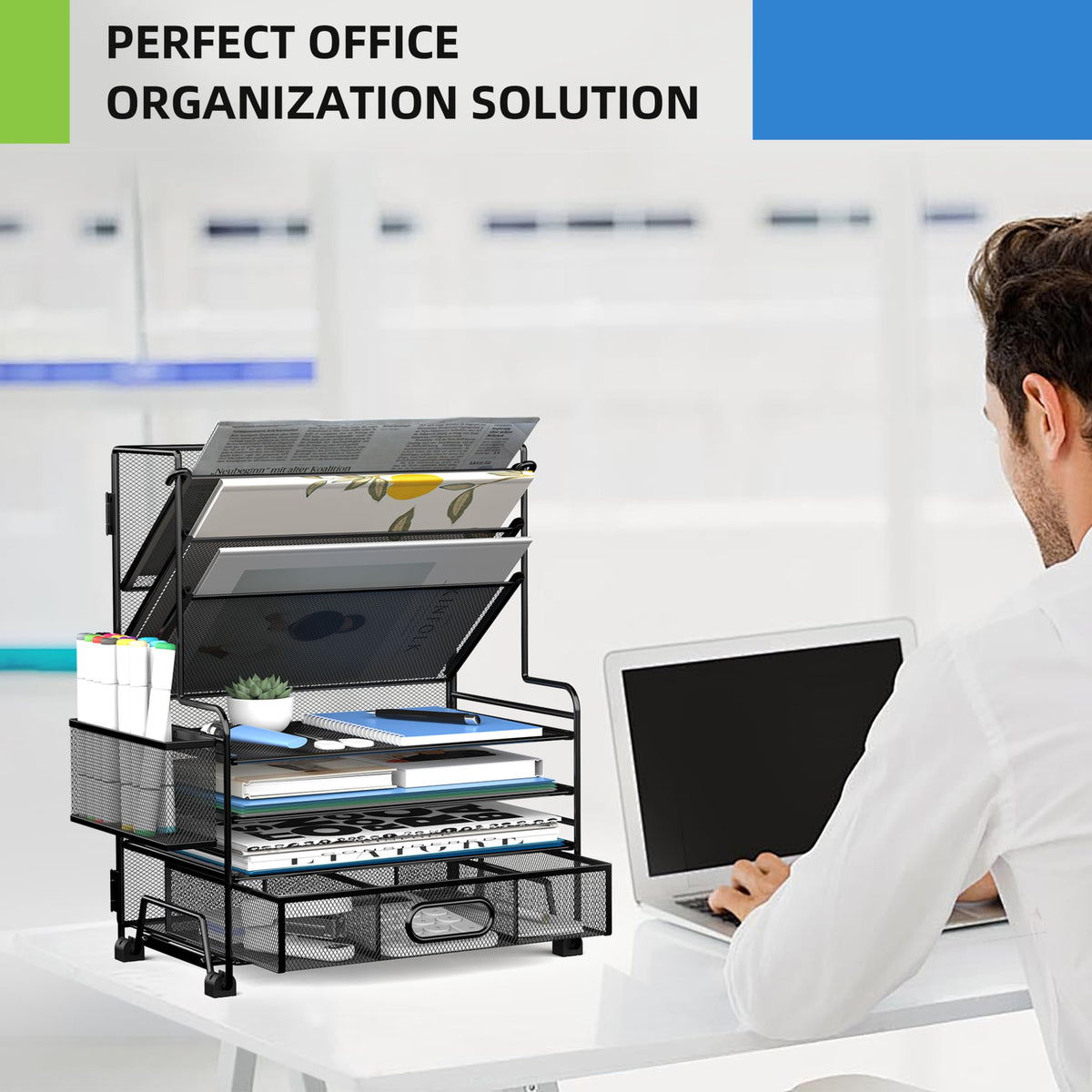 MINDEPOT 4-Tier Paper Organizer + 3-Pocket File Holder + Drawer + Pen Holders, Desktop File Organizers Paper Tray for Office Accessories School Classroom Organization (Black)