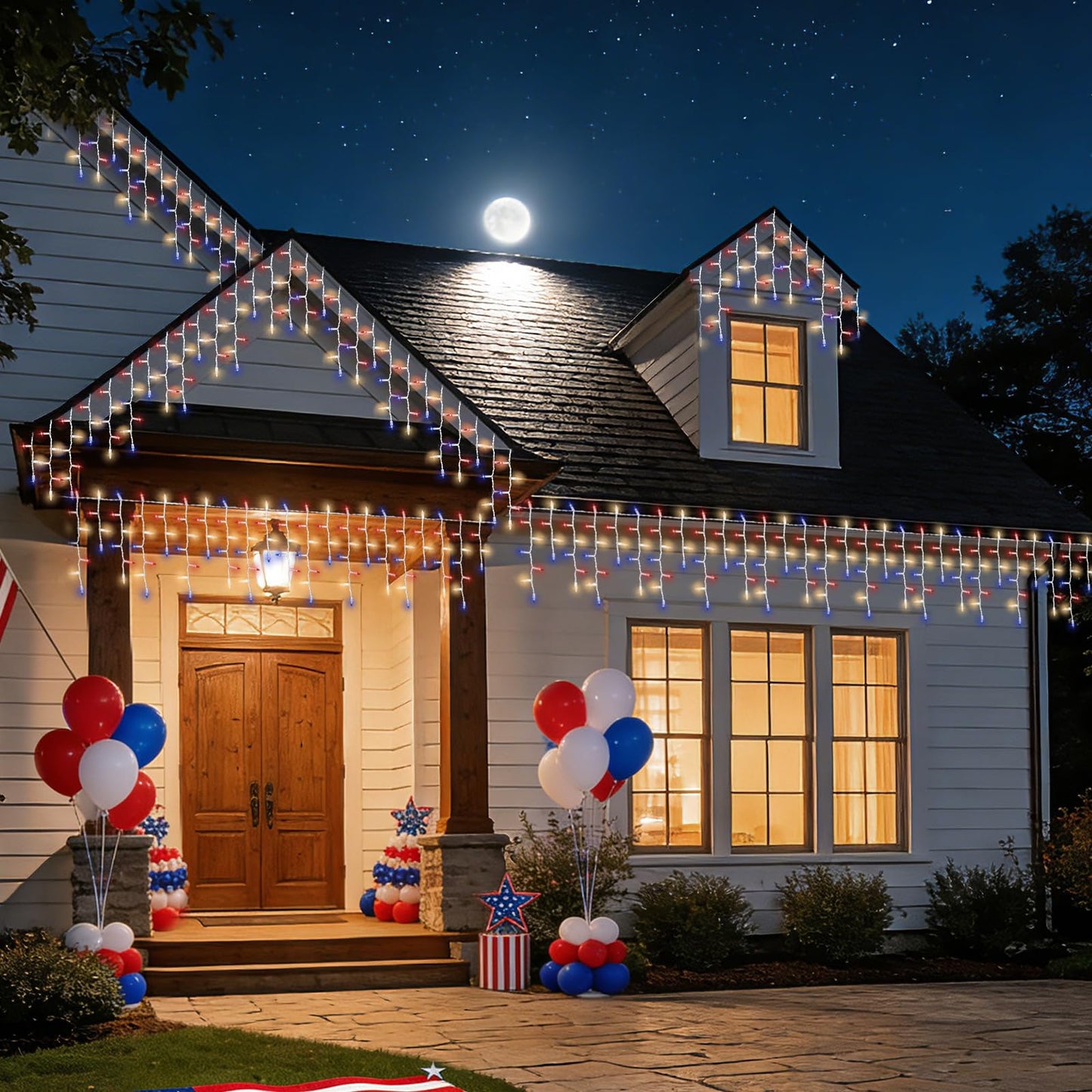TWINGLEHOME 100 Incandescent Icicle String Lights with White Wire, Multifunctional Modes Lighting (Red, White, Blue) for Nation Day