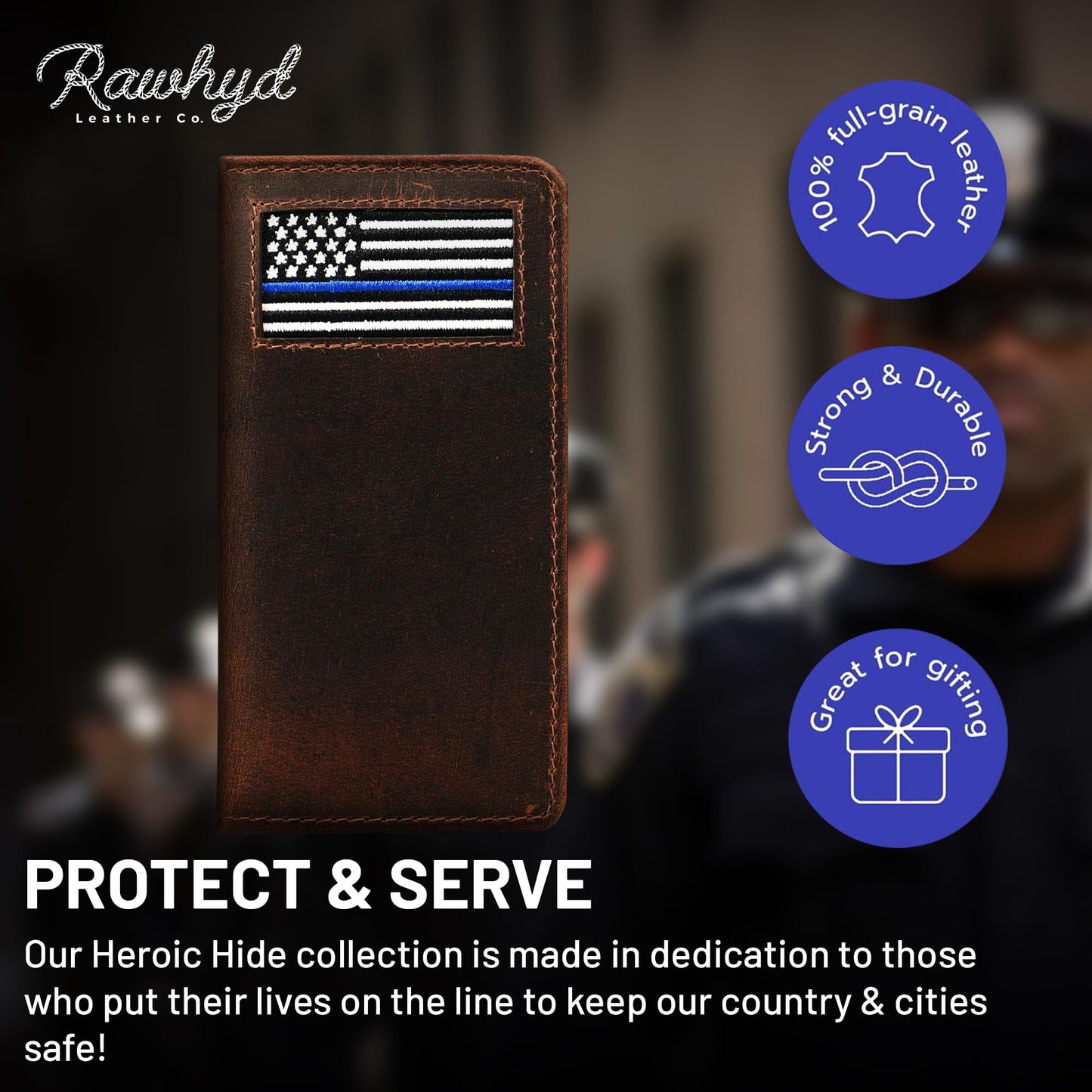 Thin Blue Line Firefighter Long Bifold Men's Wallet - Handcrafted Full Grain Leather Wallet w/ Needlepoint Art - Compact Men's Bifold Wallets w/ Multiple Card Slots for Birthday, Christmas, & More