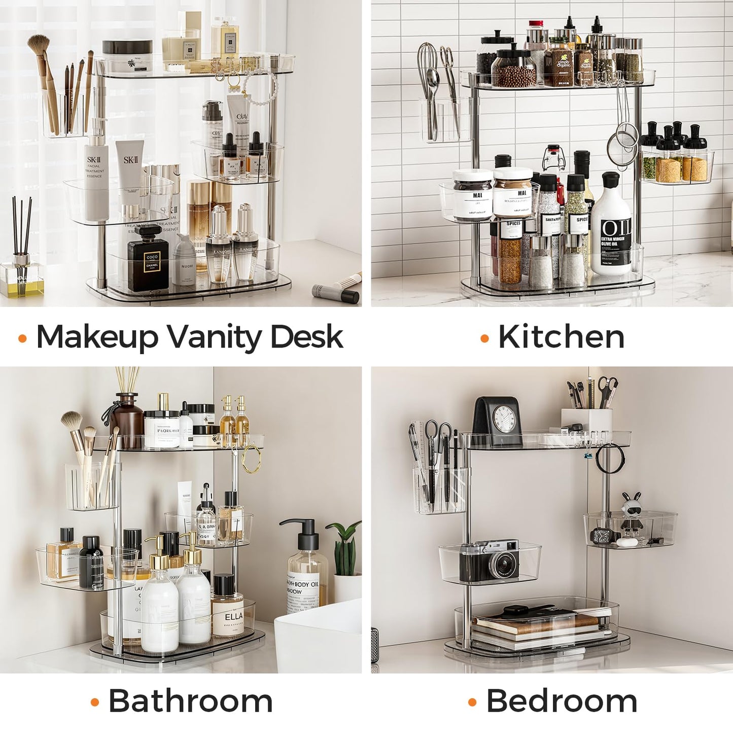 YOSHIONAL Rotating Makeup Vanity Organizer, Bathroom Countertop Cosmetic Skin Care Storage,Cosmetic Display Case with Brush Holder,for Skincare Perfume Cosmetics,Detachable Hanging Trays & Hooks