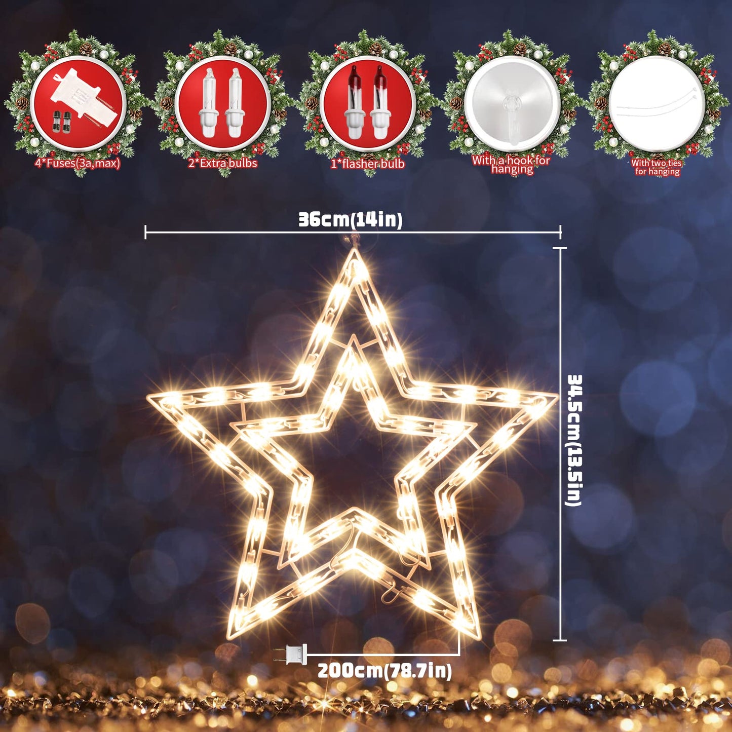 XMASLAND 14 Inch Christmas Window Silhouette Lights Decorations, 50L Christmas Sculpture,Including:Starx1