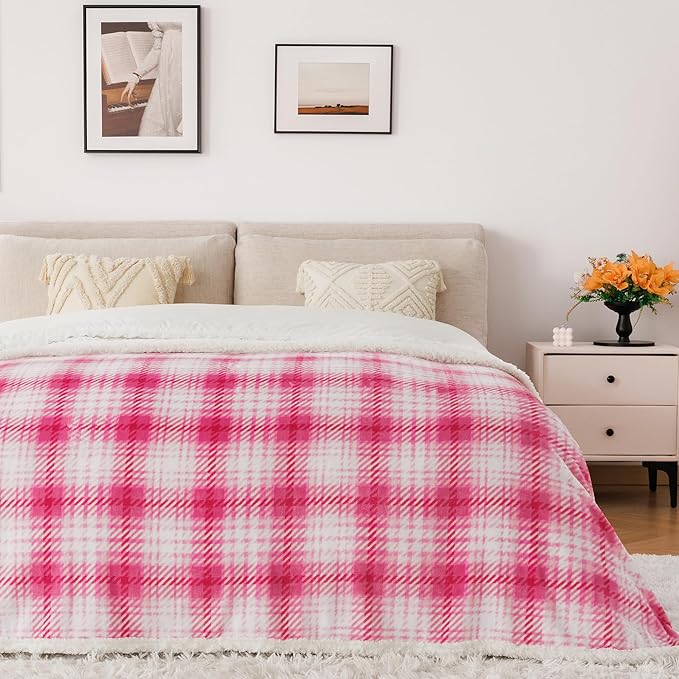 Touchat Sherpa Plaid Throw Blanket, 60" X 70" Fuzzy Fluffy Cozy Soft Blanket, Fleece Flannel Plush Twin Size Microfiber Blanket for Couch Bed Sofa, White&Pink