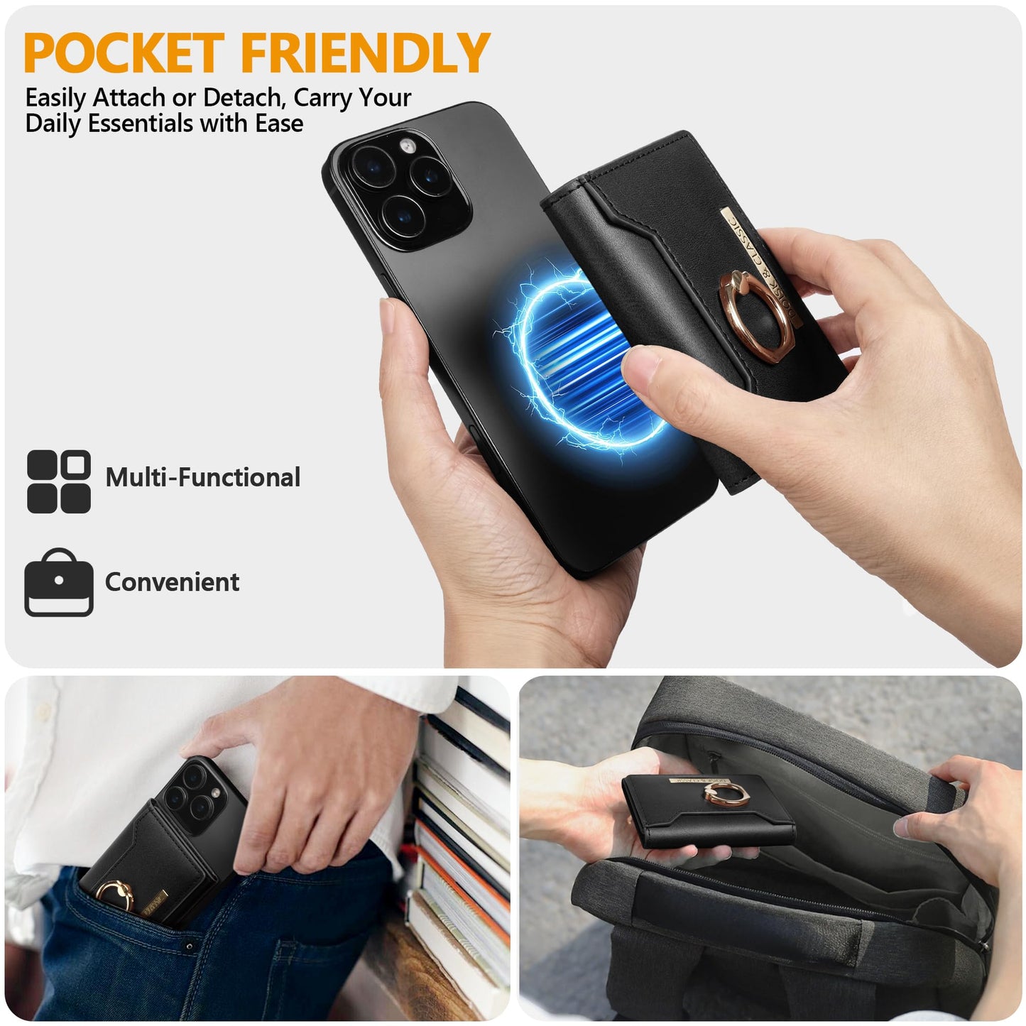 Hinpia for Magsafe Wallet, Magnetic Phone Wallet with Card Holder and Ring Grip for iPhone 16/15/14/13/12 Series and Cases, 6 Card Slots, RFID Blocking, Black