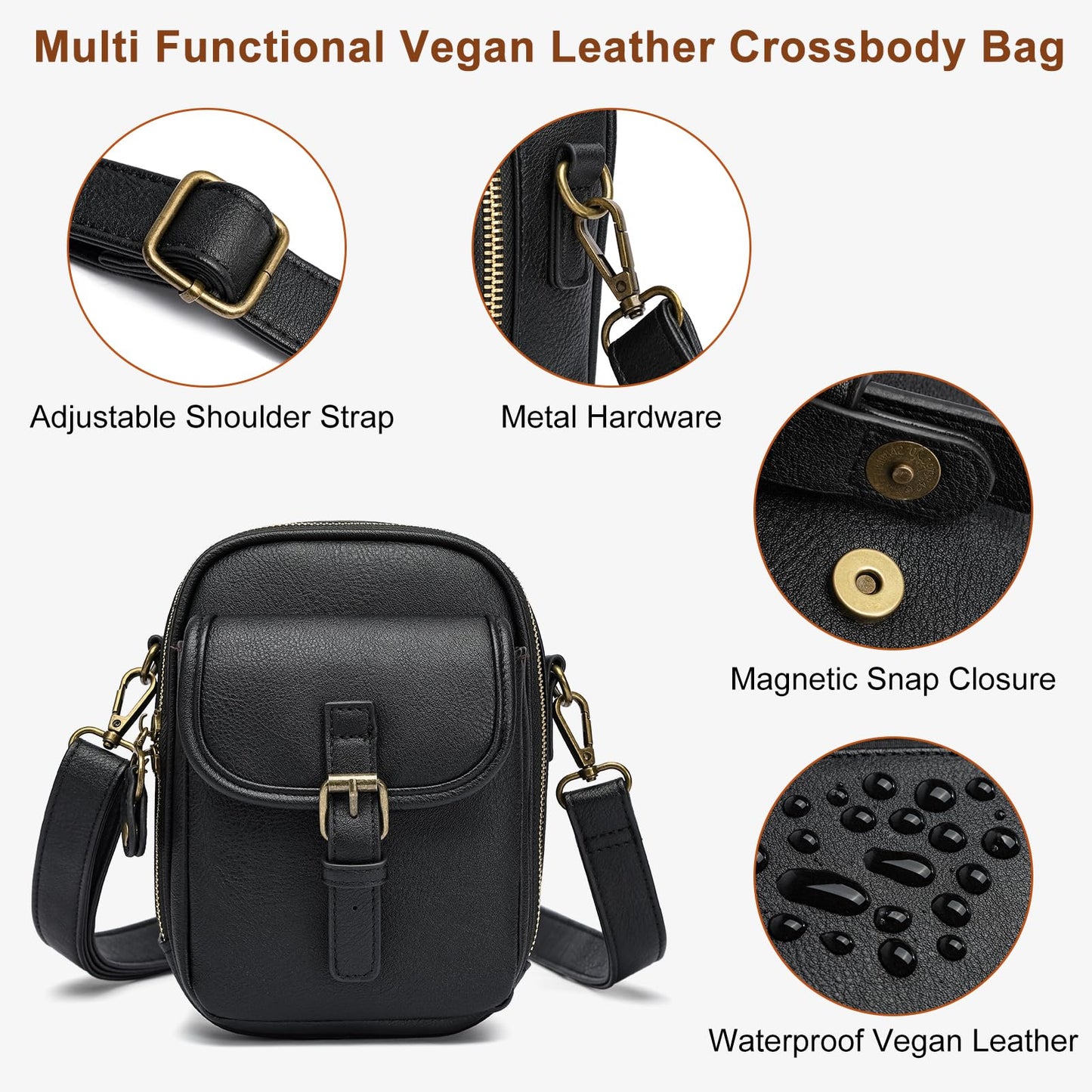 UBORSE Small Crossbody Bags for Women,Soft Vegan Leather Crossbody Handbag Adjustable Strap Travel Purse with Card Slots(Black S+leather strap)