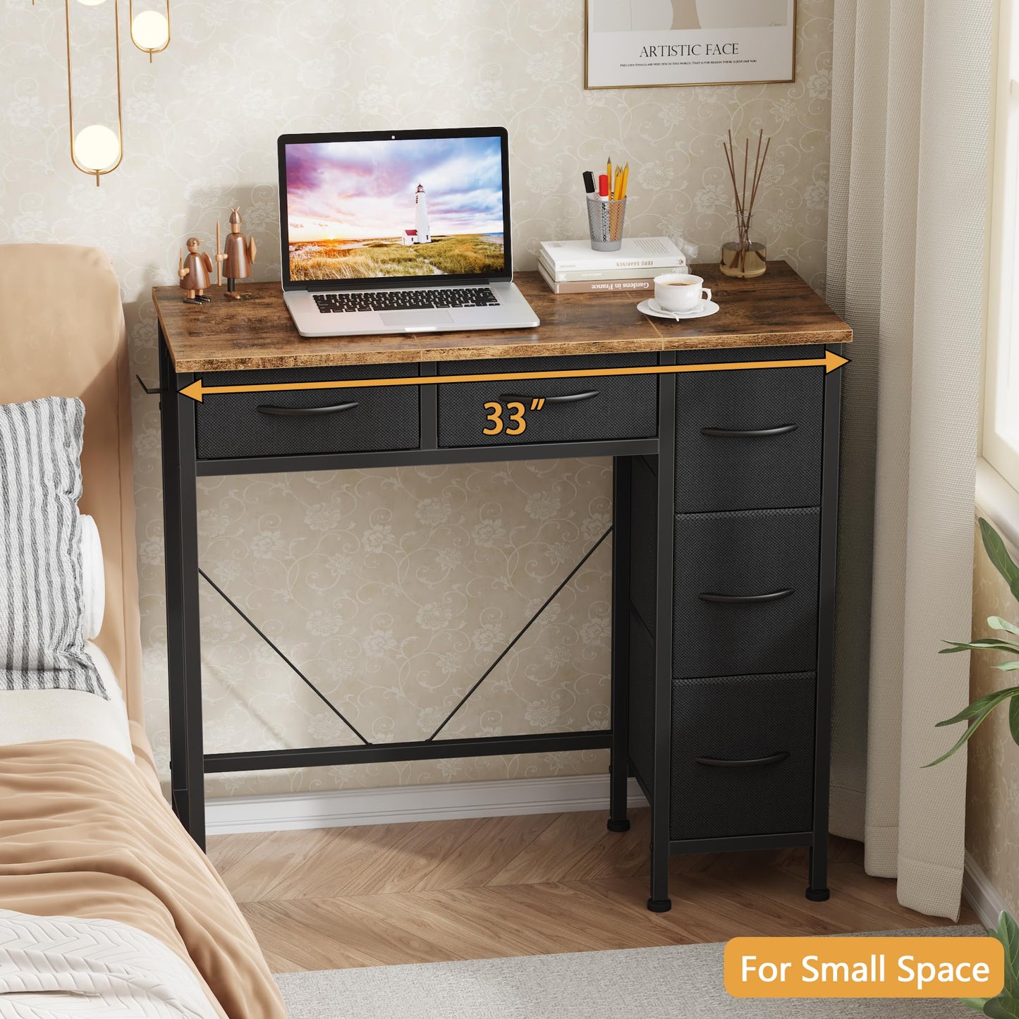 HIGDBFE Small Desk with 5 Fabric Drawers, 33 Inch Writing Desk for Home Office, Simple PC Desks for Small Place, Kids Girls Teen Study Table Vanity for Bedroom, Dorm, Rustic Brown, 14" D