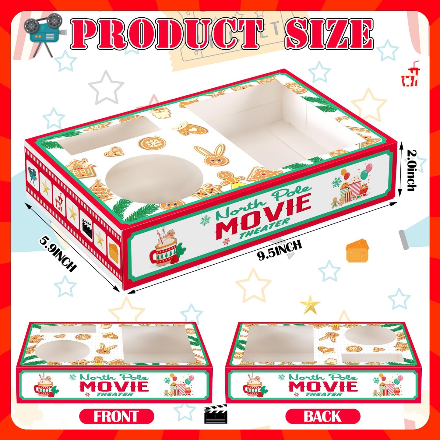 Dunzoom 20 Pcs Christmas Movie Night Supplies Movie Night Paper Snack Trays Popcorn Candy Holder Cardboard Snack Holder Food Trays(Cute Christmas)