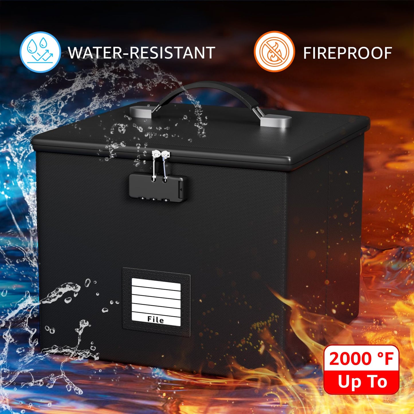 Fire Proof File Box for Documents - Portable Fireproof Document Organizer Box with Handle Waterproof Safe Locking Folder Storage with Lid