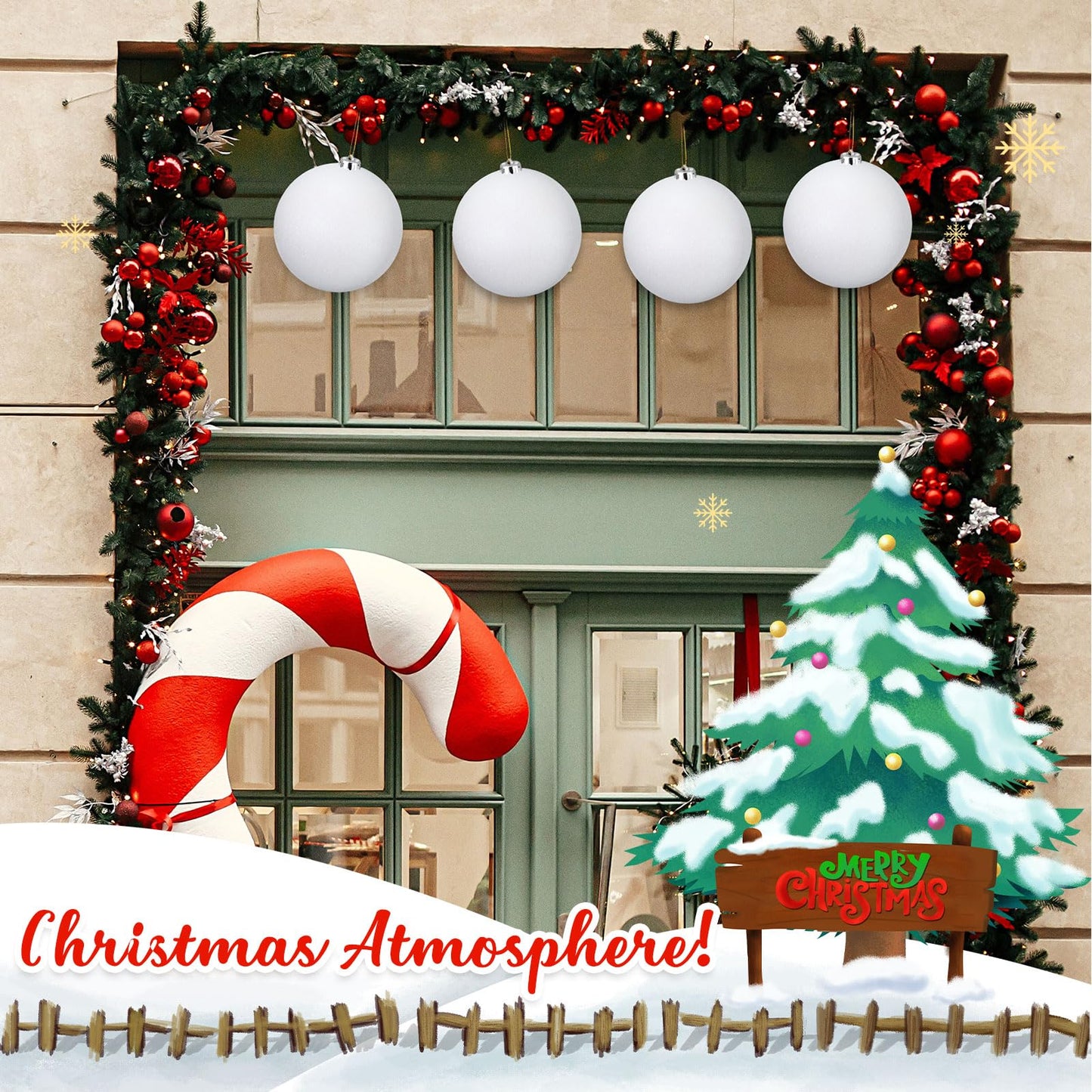 Liliful 4 Pcs Large Outdoor Christmas Ornaments Plastic Jumbo Fillable Balls Ornament Big Xmas Tree Hanging Decoration for Home Outside Holiday Lawn Yard Party (Glitter White)