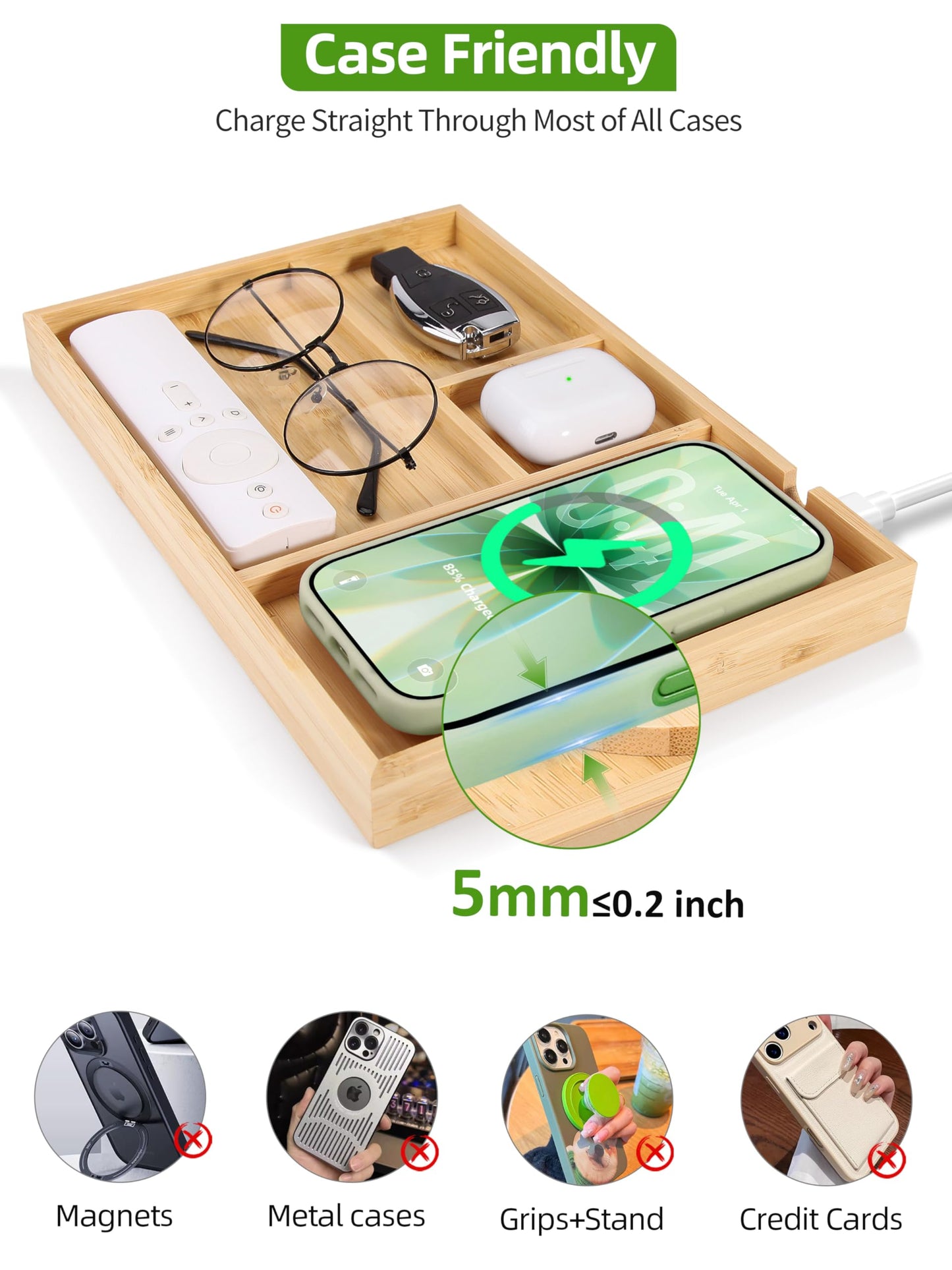 Bamboo Valet Tray with Dual Wireless Charger - EDC Nightstand Organizer for Men - Desk Tray & Catchall for Phone, Watch, Keys - Aesthetic Desk Accessories & Father’s Day Gift for Men (Natural)