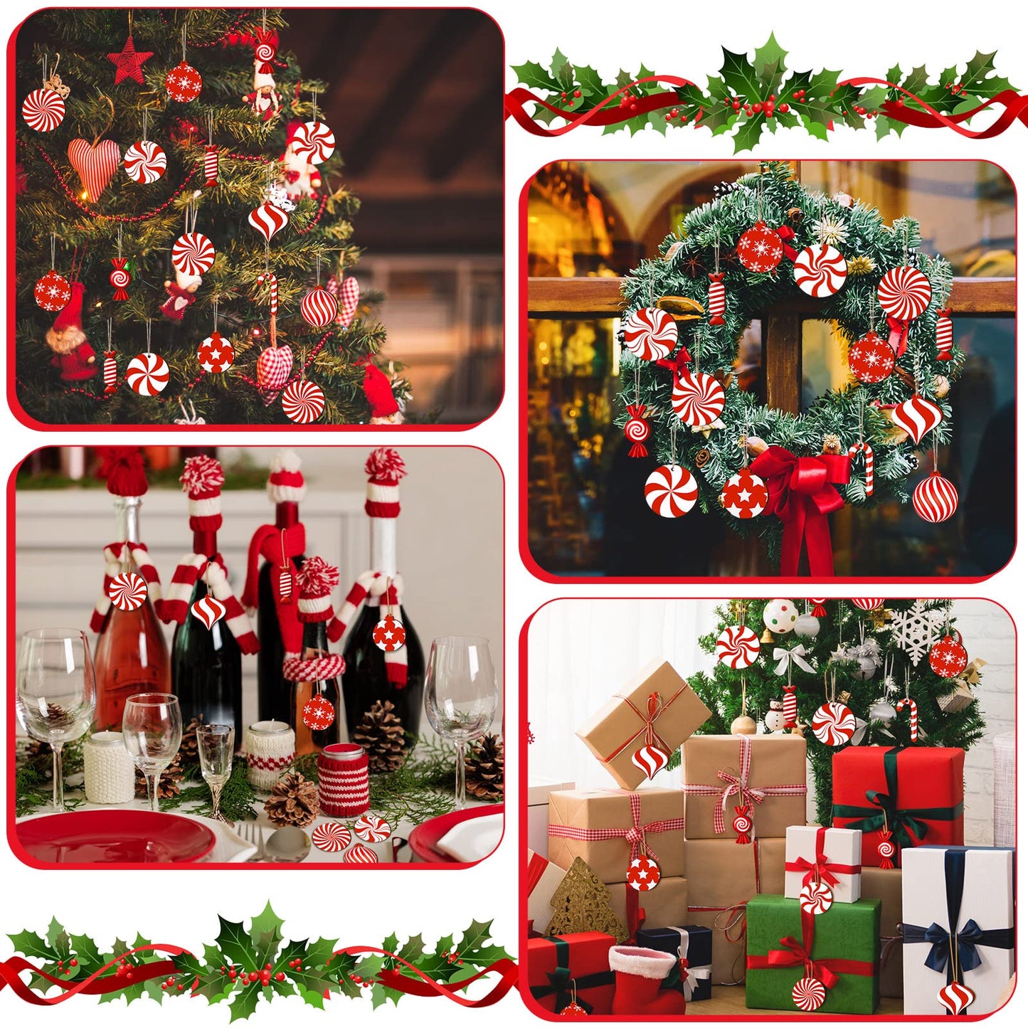 36 Pieces Candy Cane Christmas Ornaments Wood Hanging Decor Xmas Tree Cutouts Peppermint for Home Party Decoration Supplies (Candy Style)