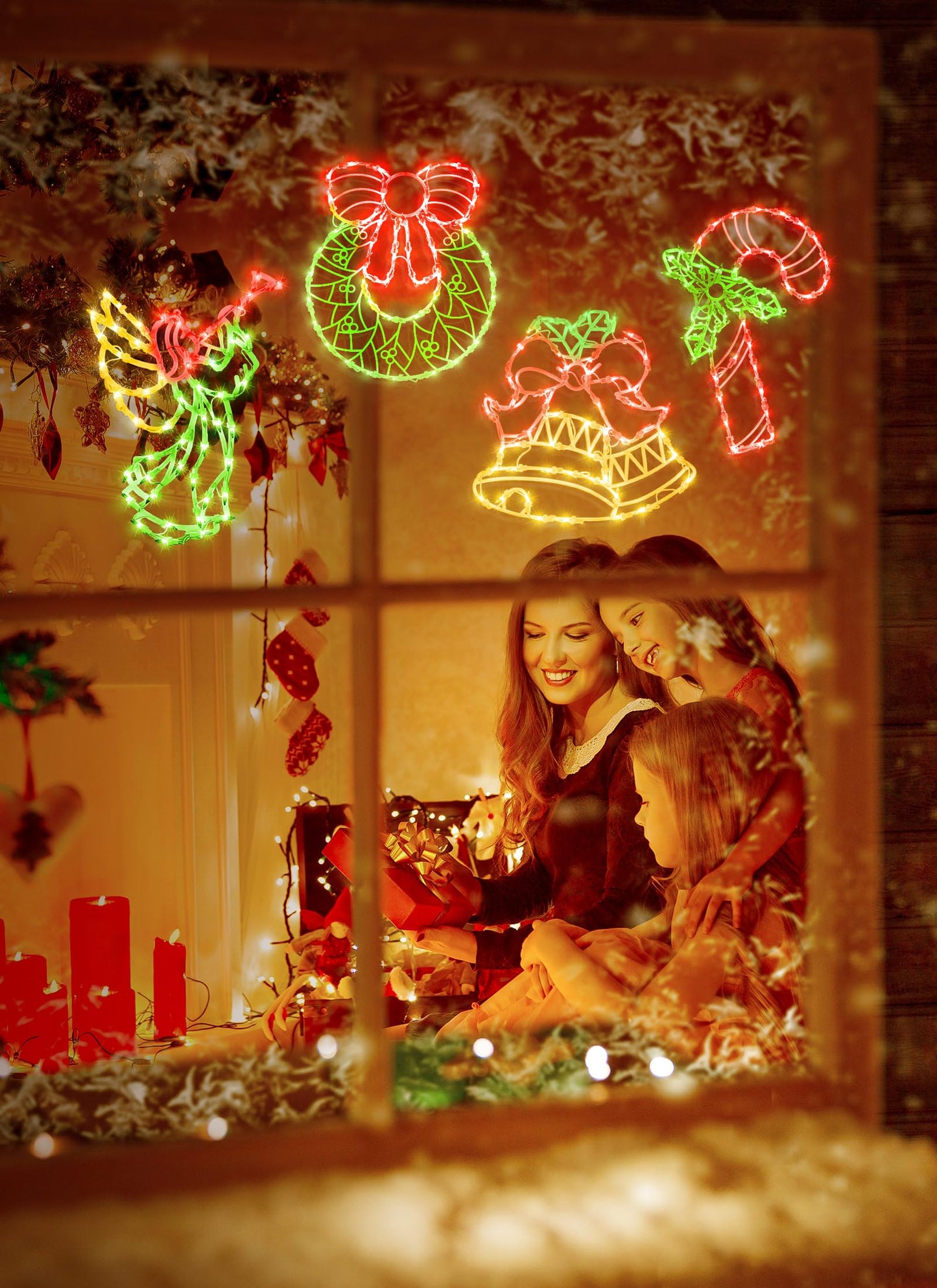 Christmas Window Silhouette Lights Decorations - Pack of 4 Sign Colour Lighted Wreath, Candy Cane, Bell, and Angel for Holiday Indoor Wall Door Glass Decor