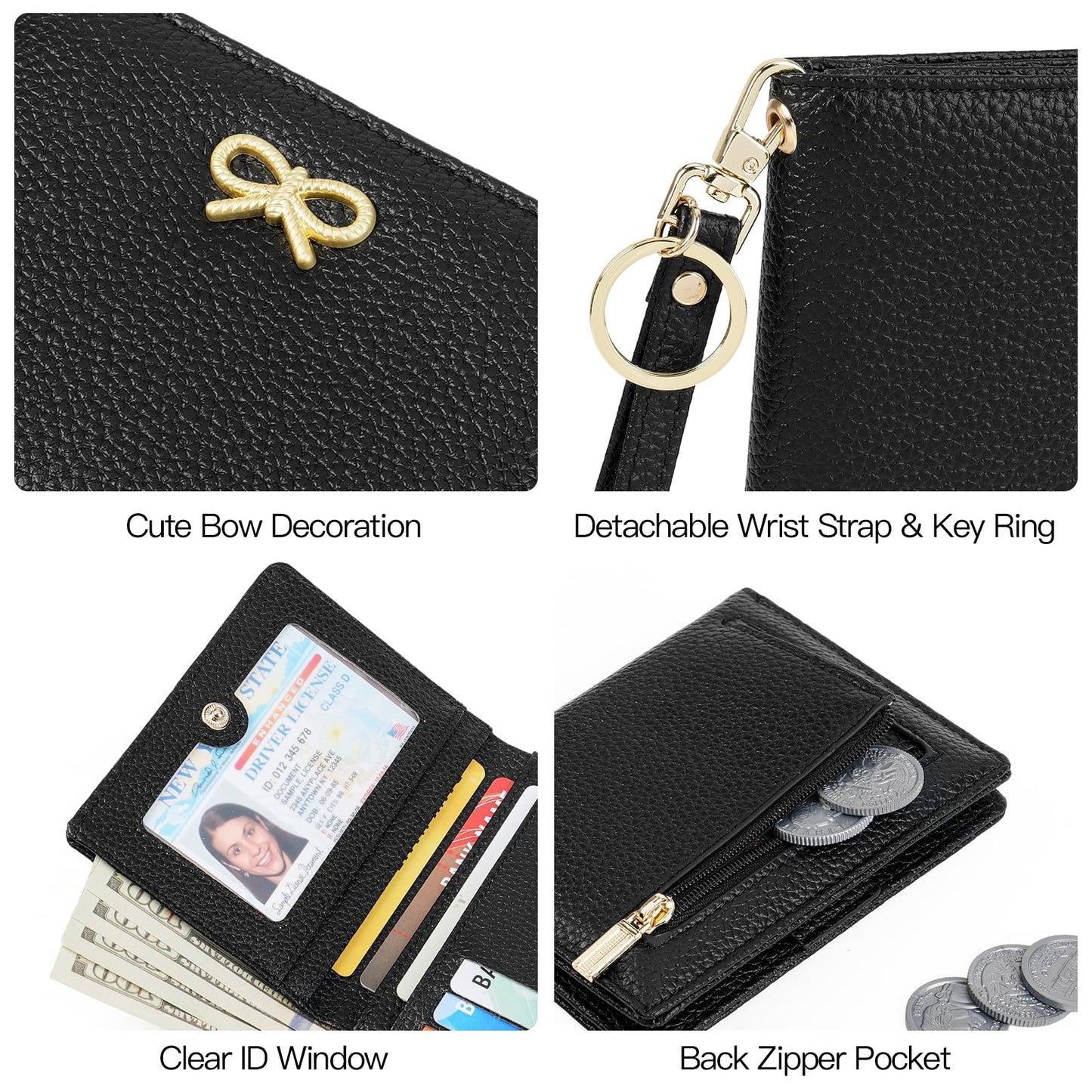 GOIACII Women's Small Bifold Cute Bow Wallet Rfid Blocking Ladies Card holder Wristlet with Zipper Coin Pocket Black