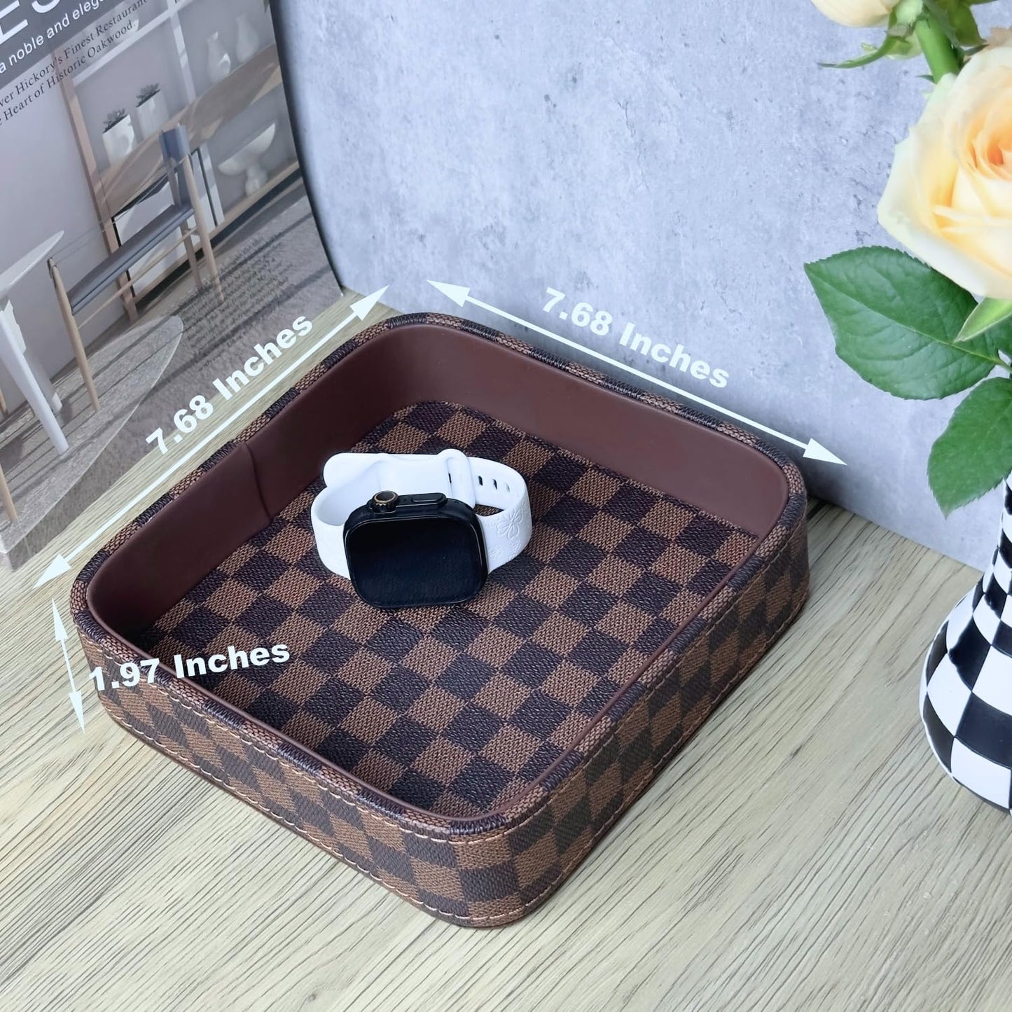 NAKOR HOME Leather Valet Tray for Men (Solid Wood Inside), Key Trays Bowl for Entryway Table, EDC Catch All Dish, Organizer Decorative Tray for Cologne Jewelry Perfume Watch Wallet- Brown Checkered PU
