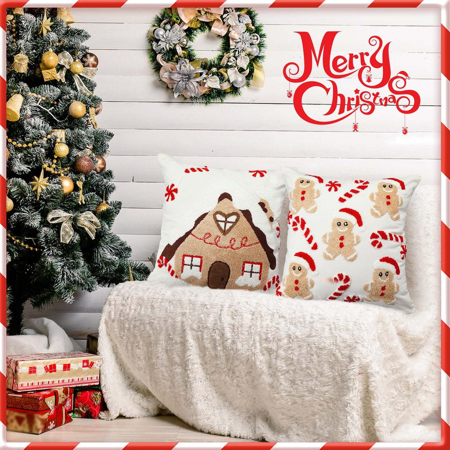 Breling 2 Pack Christmas Pillow Covers 18 x 18 Inch 3D Embroidered Gingerbread Man Throw Pillow Cover Christmas Gingerbread House Tufted Cushion Case Decorative Holiday Decor for Home Couch Bed Sofa