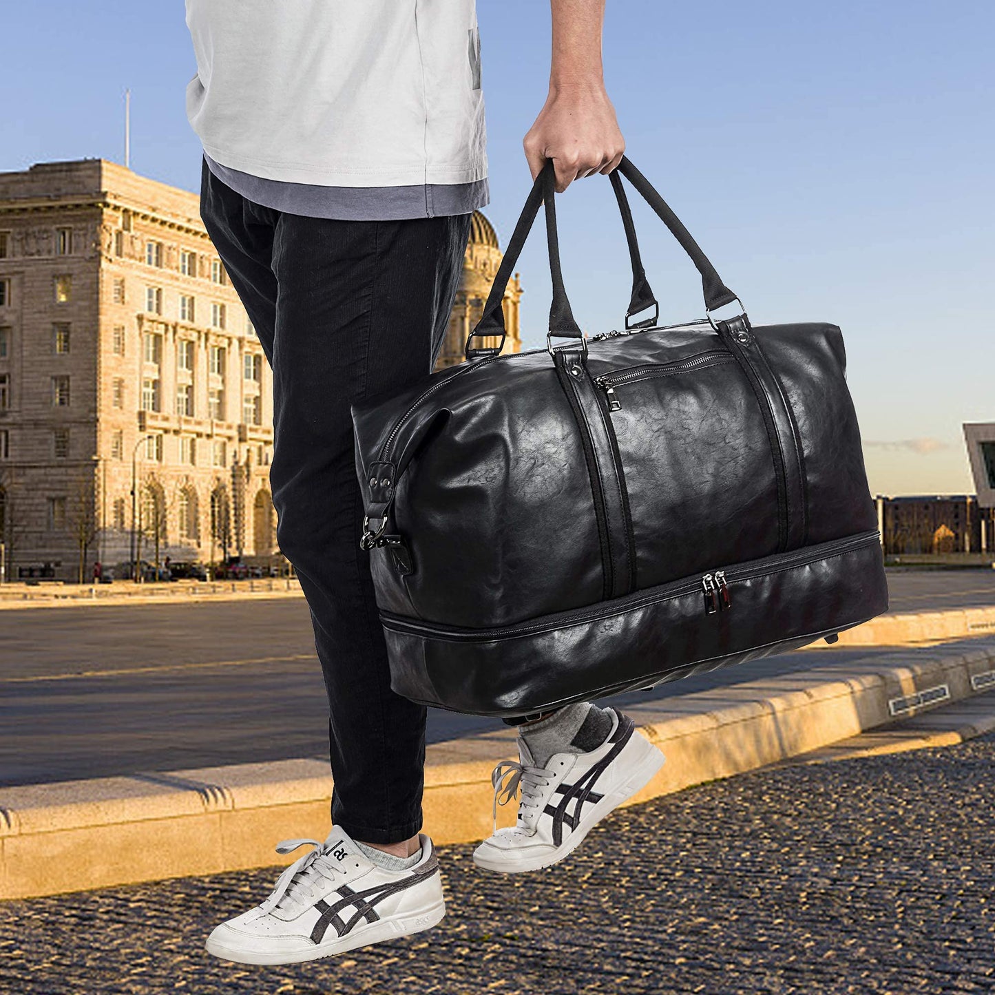 Leather Travel Bag with Shoe Pouch,Weekender Overnight Bag Waterproof PU Leather Large Carry On Bag Travel Tote Duffel Bag for Men or Women-Black