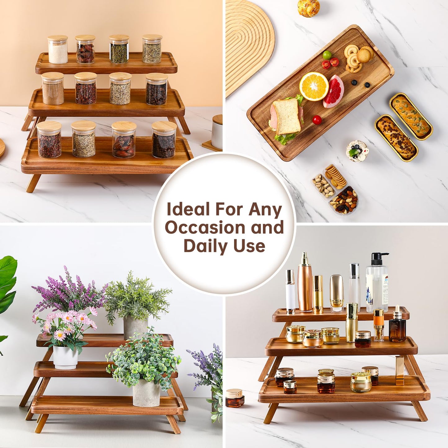 Tiered Serving Tray 17 Inch Acacia Wooden Cupcake Stand & Platters 3 Tiered Tray Foldable Dessert Table Display Set Decor for Party Charcuterie Boards for Birthday, Wedding, Christmas, Valentine's Day