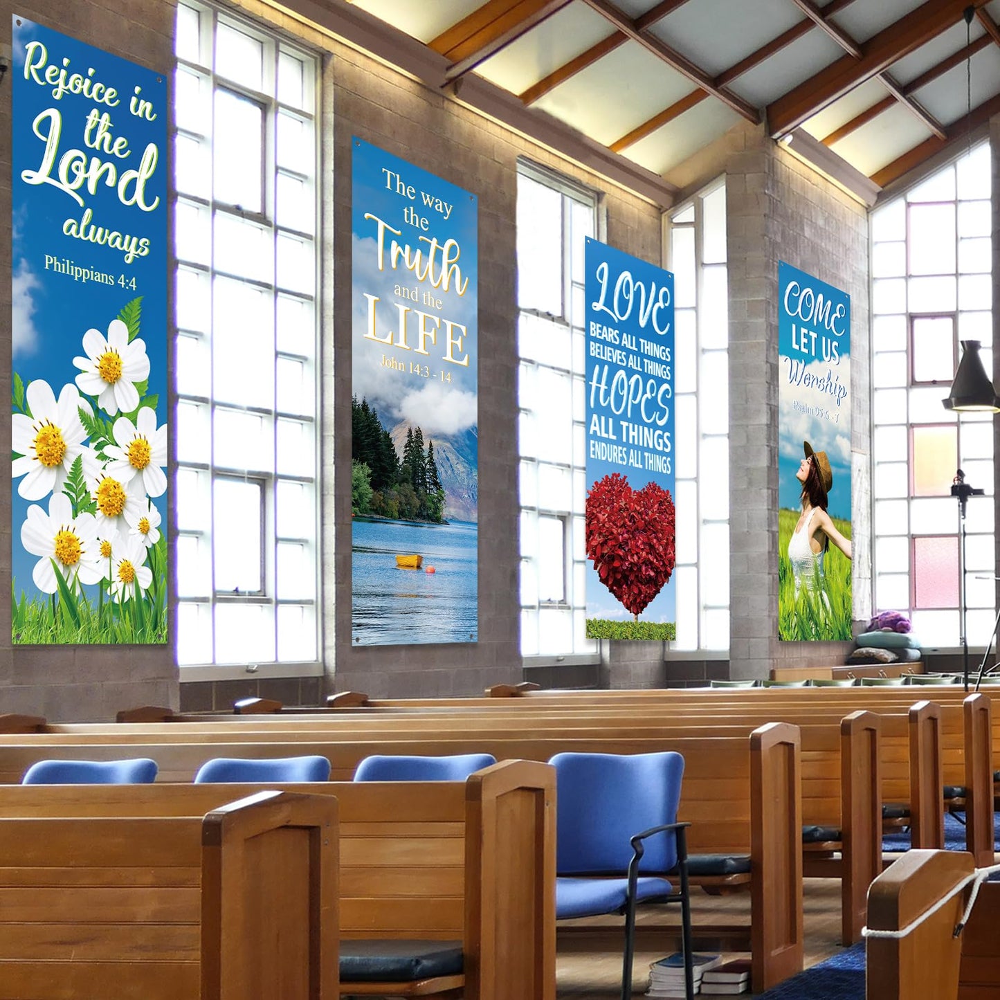 4Pcs Church Banners for Sanctuary Wall Welcome Inspirational Religious Banners Hanging Backdrop Fresh Scenic Pattern Church Banner with Scripture Bible Verses Exquisite Banner for Holiday School Decor
