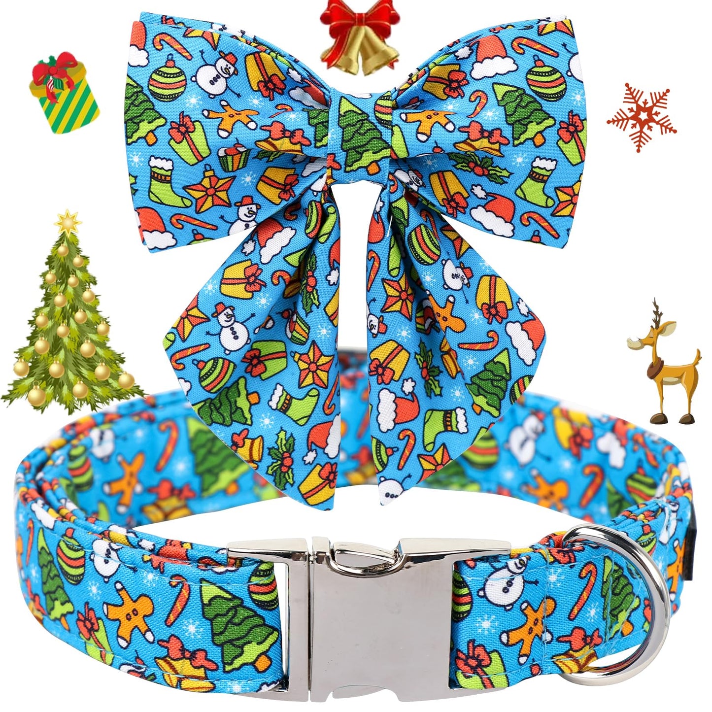 Maca Bates Christmas Blue Dog Collar with Sailor Bow Tie for Extra Small Girl Boy Dogs,Gingerbread,Christmas Tree,Hat Pattern, Adjustable Durable Collars,Winter for Male Female Puppy