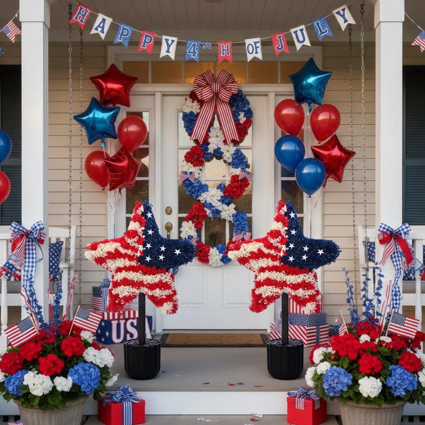 Sureio 2 Pack Patriotic Front Porch Decorations 25.6 Inch Red White Blue Star Topiary Trees for 4th of July Outdoor Decor Front Door Entryway Garden Independence Day