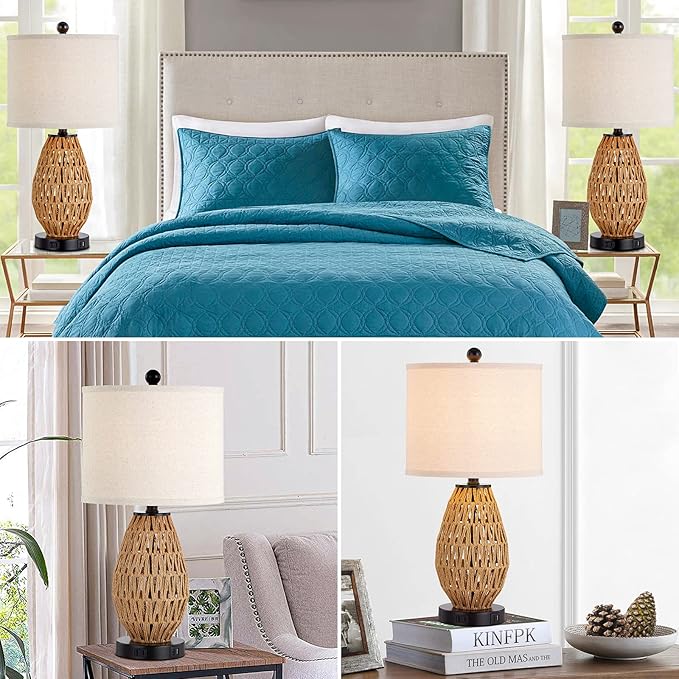 Touch Control Rattan Table Lamps, 3 Way Dimmable Bedside Lamps for Bedroom with 2 USB Ports and AC Outlet, Wicker Nightstand Lamps for Living Room Home Office (LED Bulbs Included)